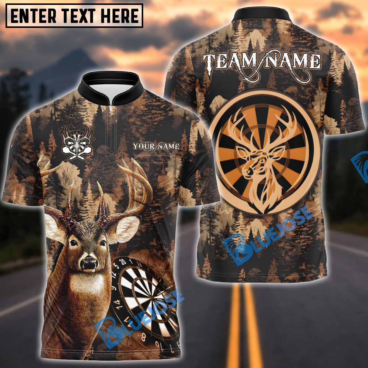 BlueJose Darts Hunting Deer Dartboard Forest Camo Buck Design Personalized Name, Team Name Unisex Shirt (4 Colors)