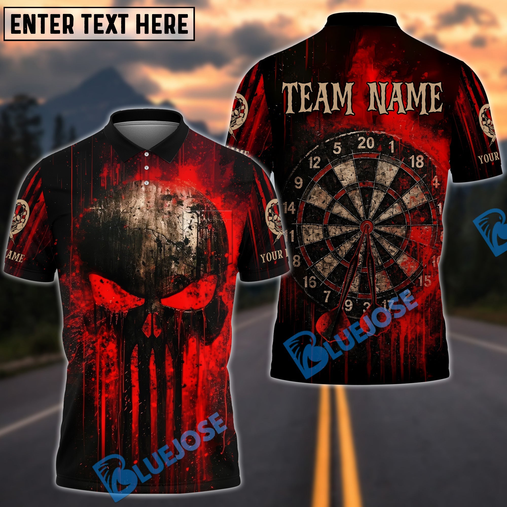 BlueJose Darts Punisher Skull Blood Dartboard Personalized Name, Team Name Unisex Shirt (4 Colors)