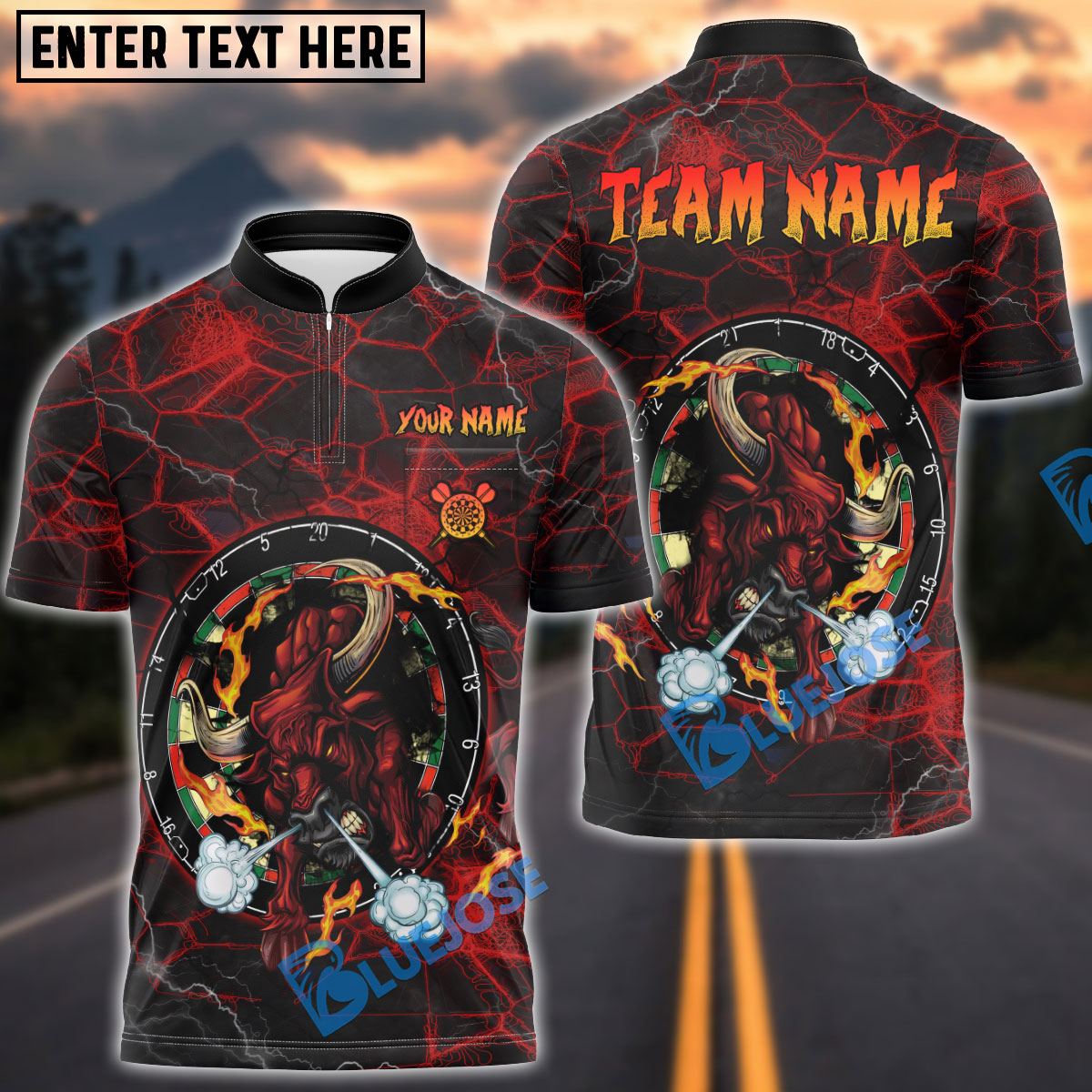 BlueJose Darts Fire Red Bull Personalized Name, Team Name Shirt (4 Colors)