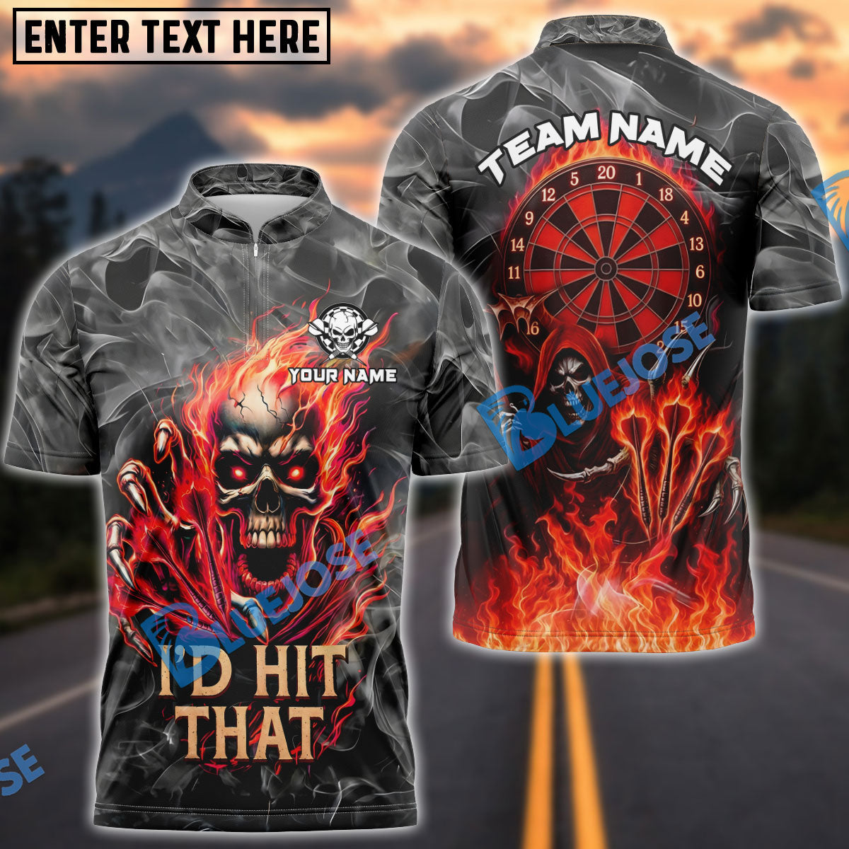 BlueJose Darts Flame Skull "I'd Hit That" Personalized Name, Team Name Unisex Shirt (4 Colors)