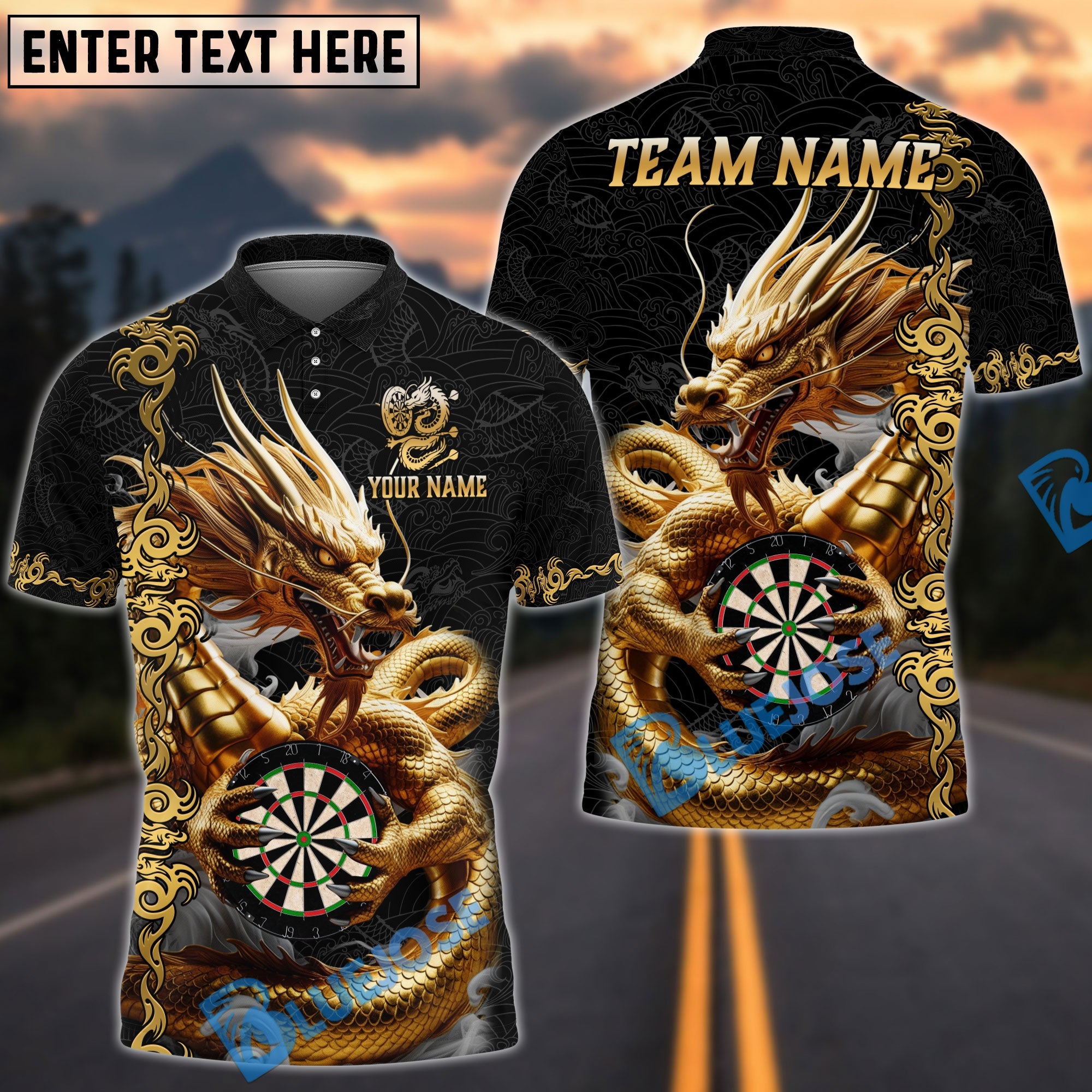 BlueJose Darts Dragon Golden Attire Personalized Name, Team Name Shirt (4 Colors)