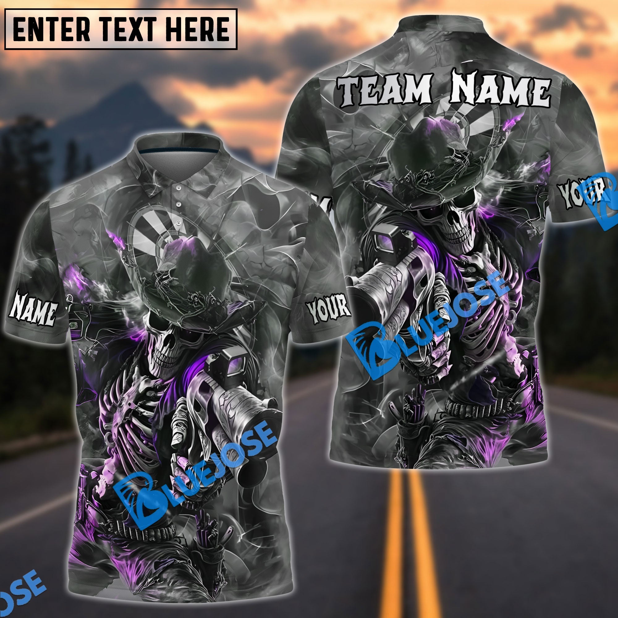 BlueJose Darts Skeleton Gunslinger Customized Name, Team Name 3D Shirt (4 Colors)
