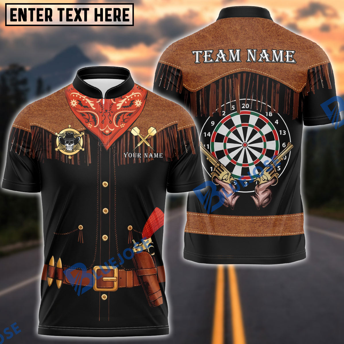 BlueJose Darts Western Fringe Revolver Dartboard Personalized Name, Team Name Unisex Shirt (4 Colors)