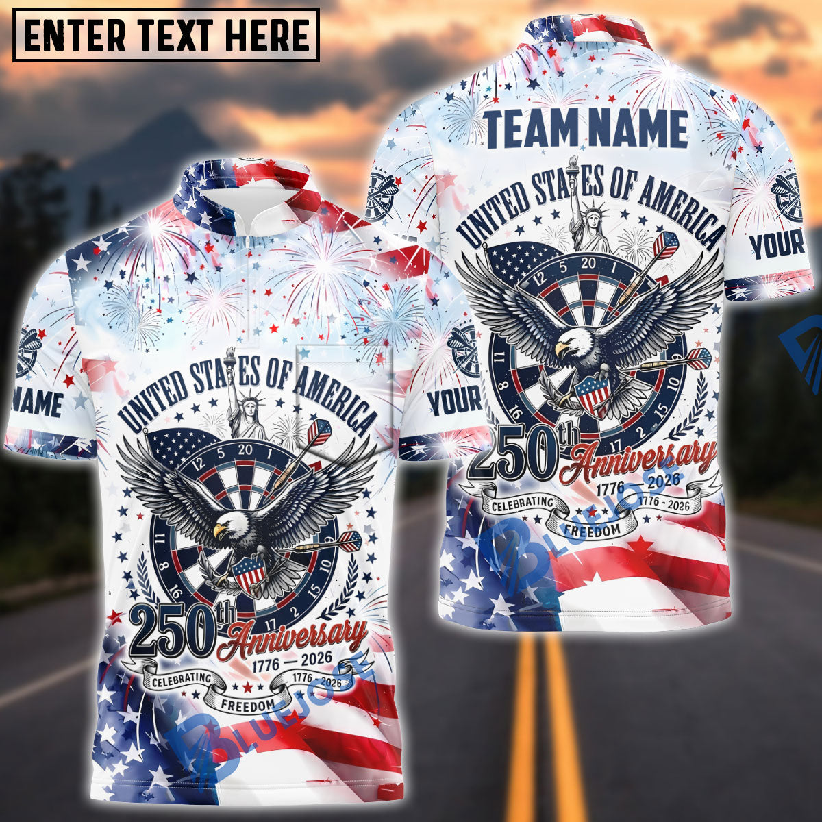 BlueJose Darts Patriotic USA 250th Anniversary Bald Eagle Dartboard Fireworks Design Personalized Name Shirt