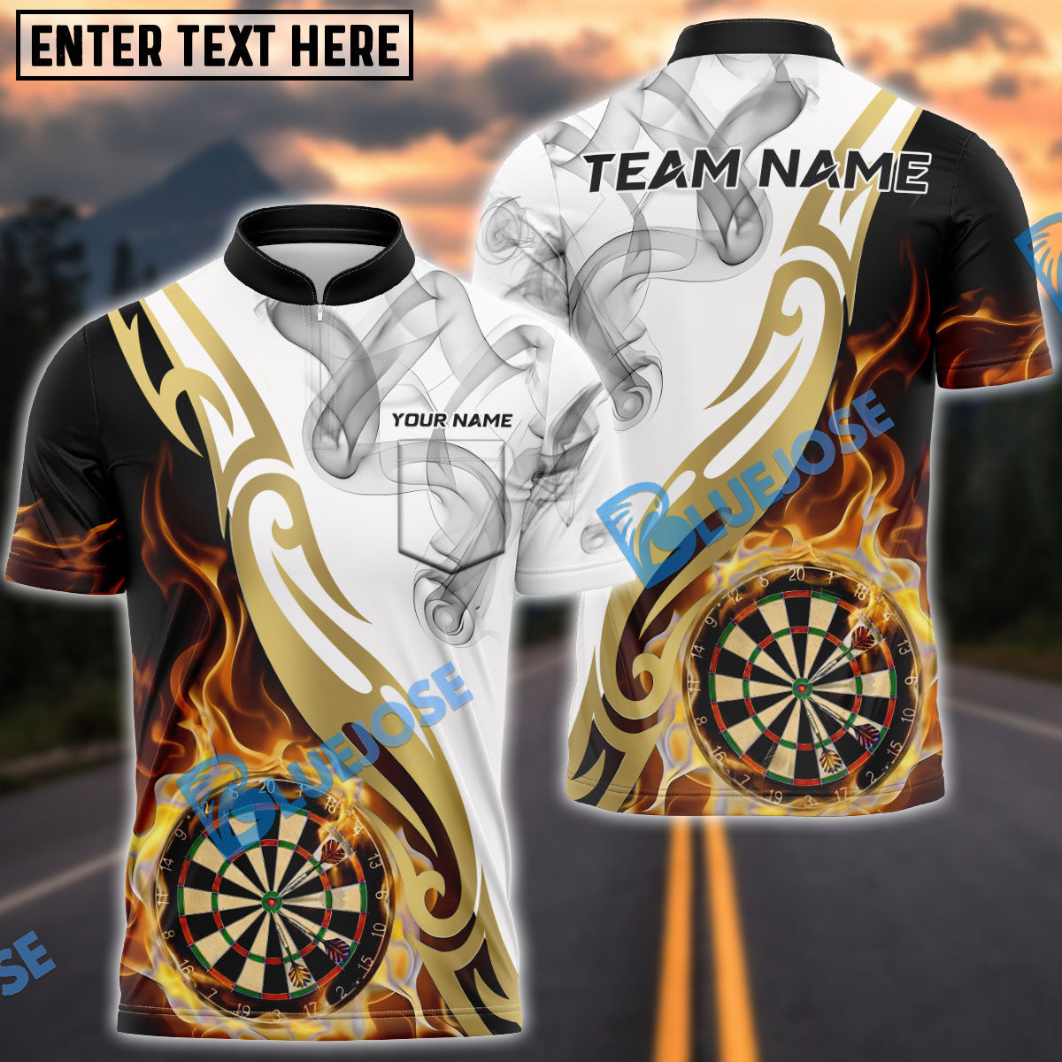 BlueJose Darts White Fire Smoke Golden Dartboard Multicolor Options Personalized Name Shirt (4 Colors)
