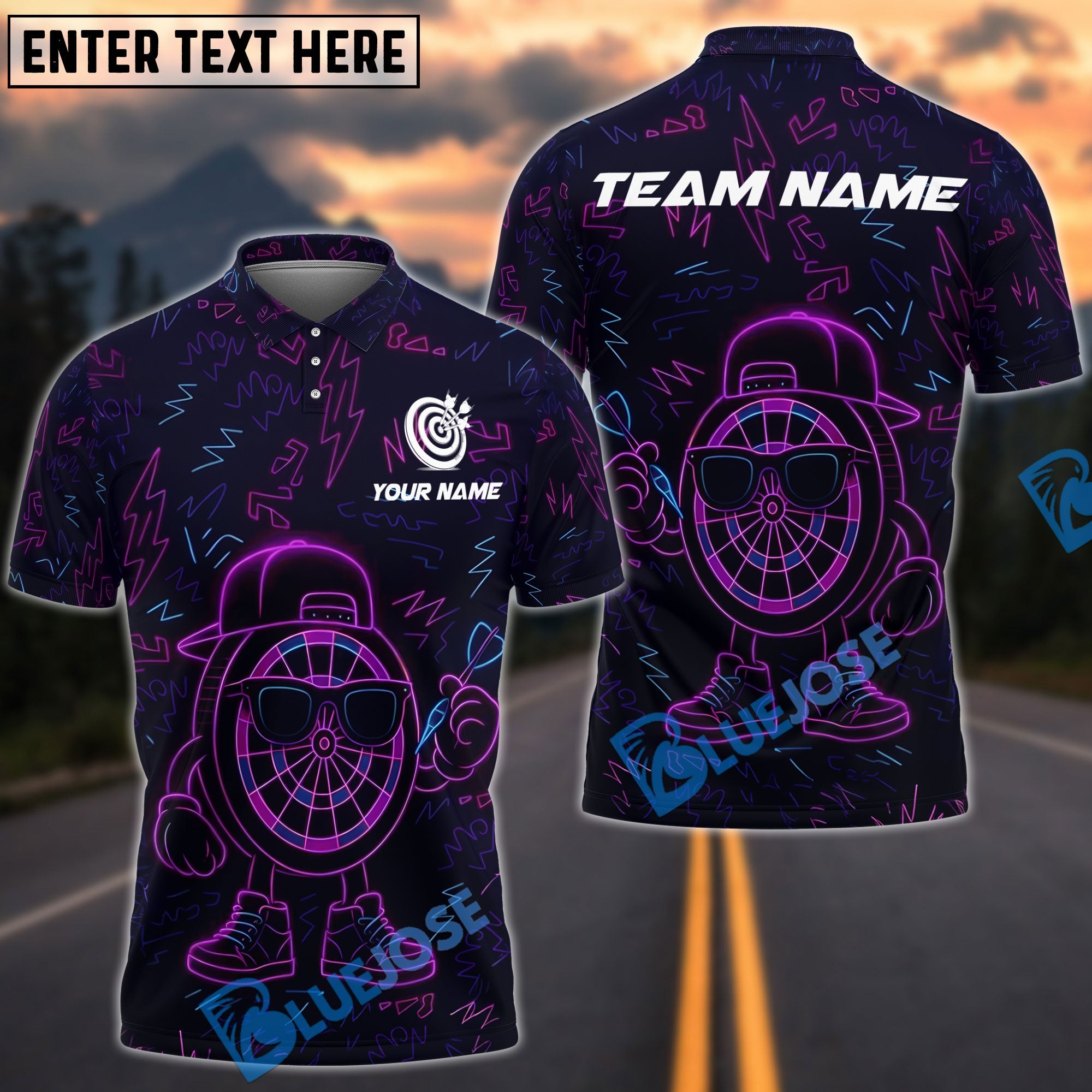 BlueJose Darts Neon Funny Personalized Name, Team Name Shirt (4 Colors)