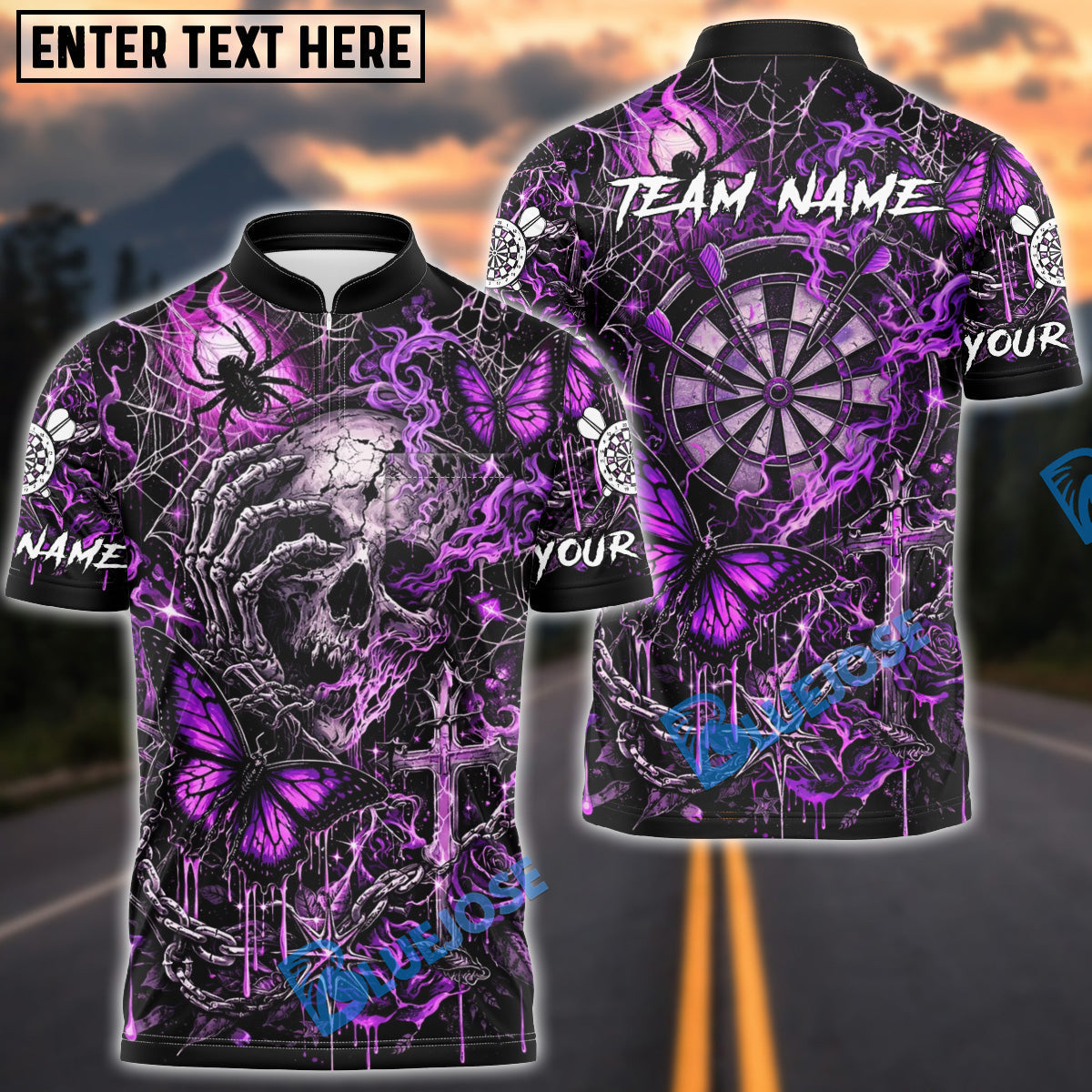 BlueJose Darts Gothic Skull Butterfly Lightning Personalized Name, Team Name Unisex Shirt (4 Colors)