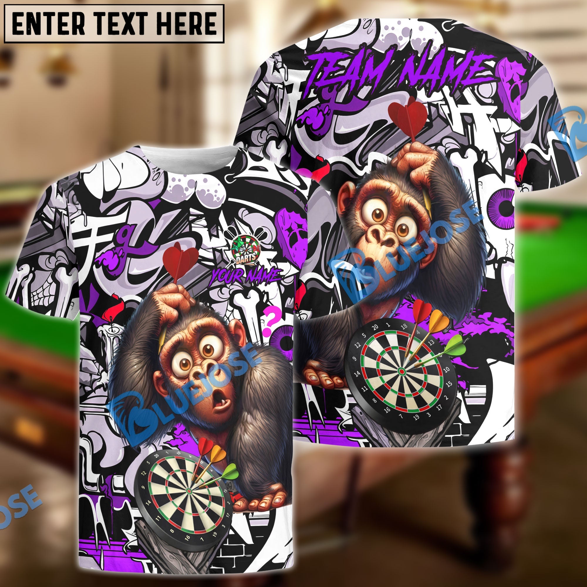 BlueJose Darts Monkey Graffiti Personalized Name, Team Name Unisex Shirt (4 Colors)
