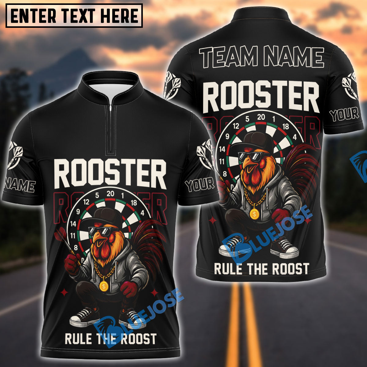 BlueJose Darts Cool Rooster Rule the Roost Design Personalized Name, Team Name Shirt (4 Colors)