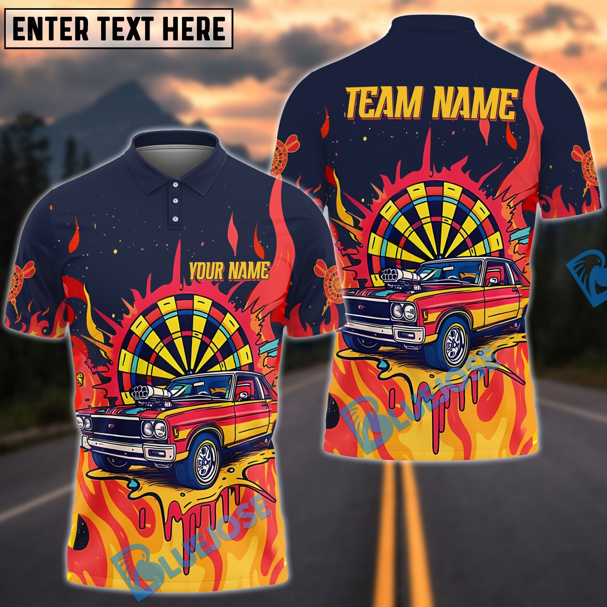 BlueJose Darts Hot Rod Inferno Personalized Name, Team Name Shirt (4 Colors)