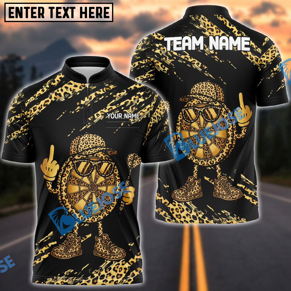 BlueJose Darts Leopard Cartoon Character Design Multicolor Options Personalized Name Shirt (6 Colors)