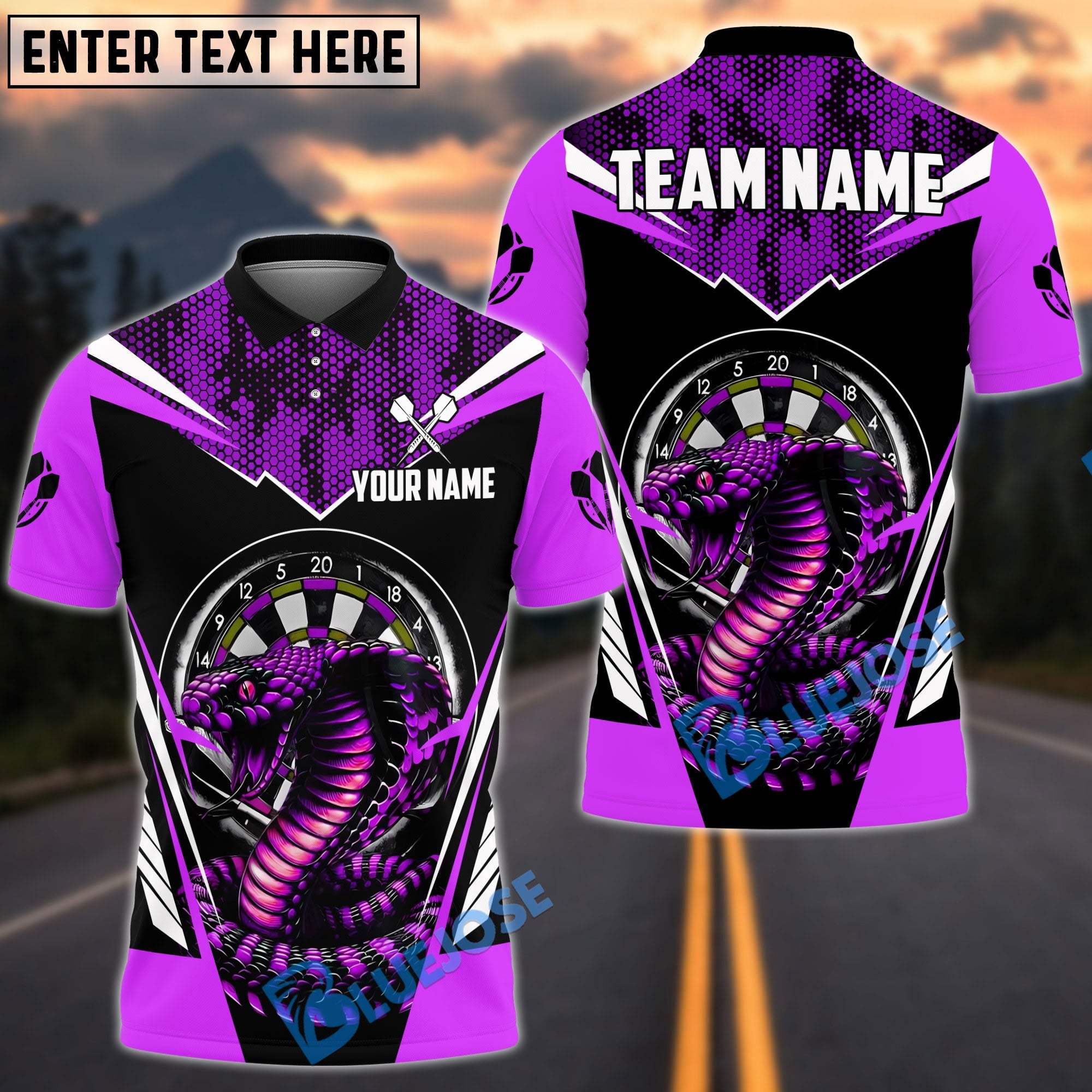 BlueJose Darts Cobra Aggressive Snake Theme Personalized Name, Team Name Shirt (4 Colors)