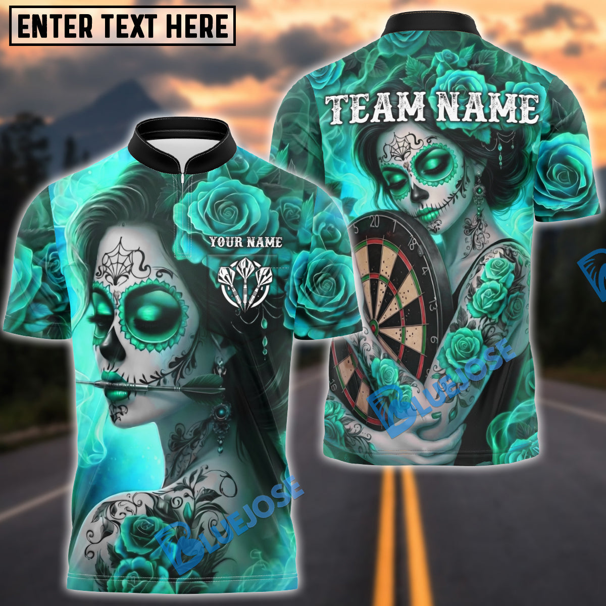 BlueJose Darts Sugar Skull Rose Tattoo Gothic Art Personalized Name, Team Name Unisex Shirt (4 Colors)