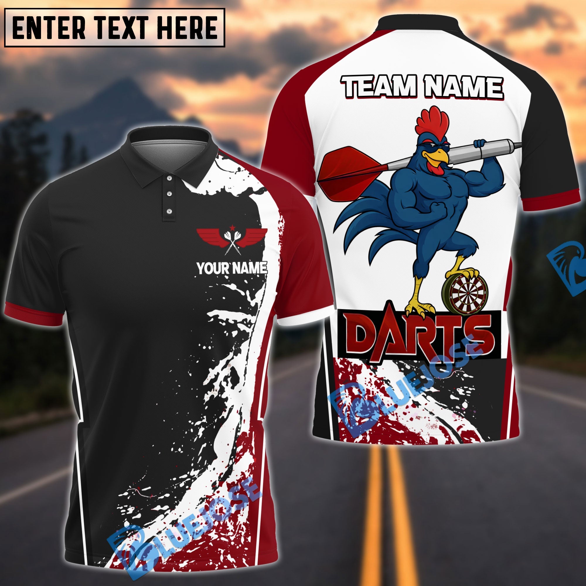 BlueJose Darts Strong Rooster Personalized Name, Team Name Shirt (4 Colors)