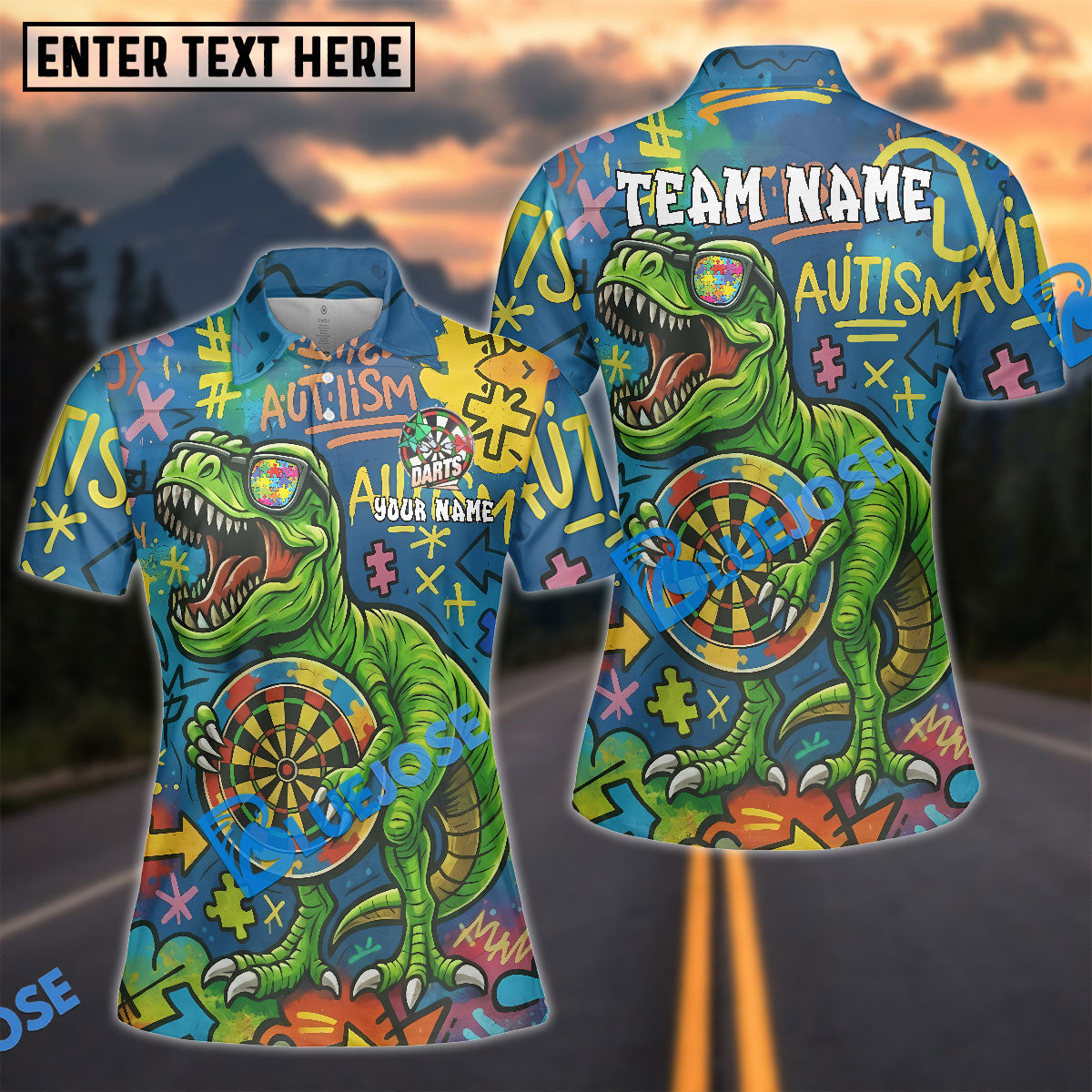 BlueJose Darts Autism Awareness T-Rex Graffiti Personalized Name, Team Name Shirt