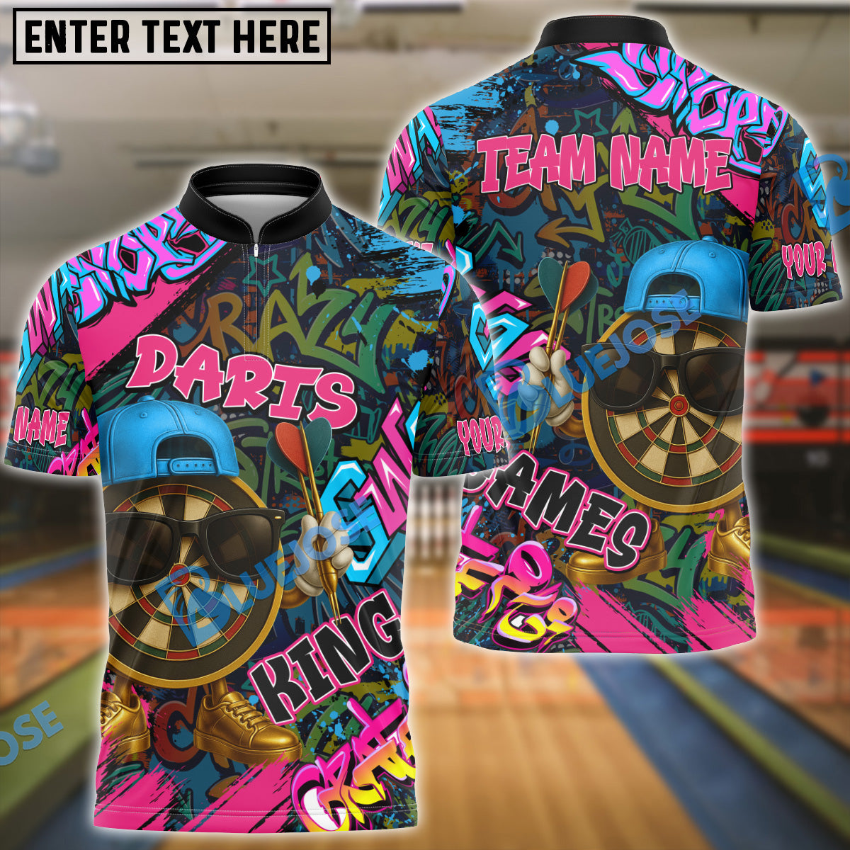 BlueJose Darts Funny Graffiti Cool Aim Crew Multicolor Options Personalized Name Shirt (4 Colors)