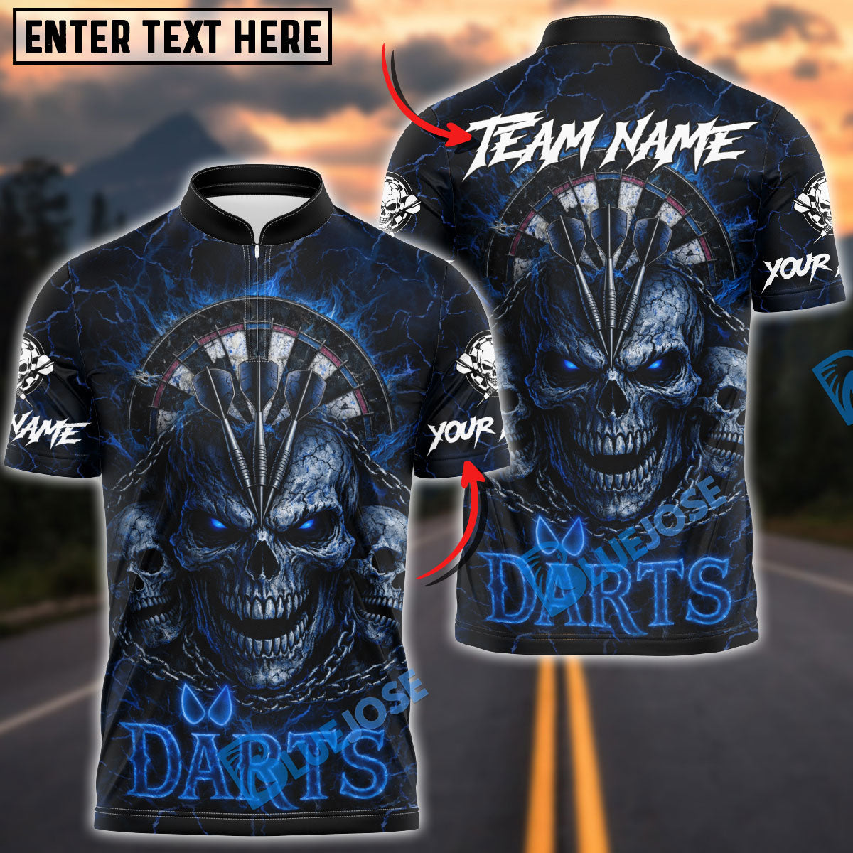 BlueJose Darts Fire Skull Dartboard Three Arrows Multicolor Options Personalized Name Shirt (4 Colors)