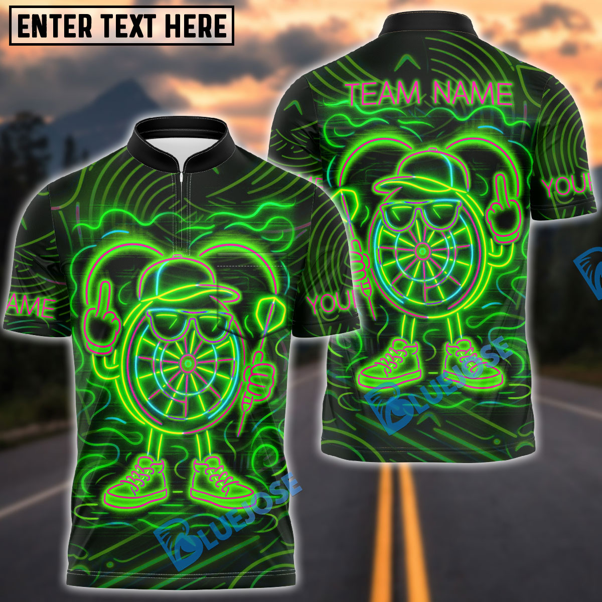 BlueJose Darts Neon Dartboard Champion Personalized Name, Team Name Shirt (4 Colors)