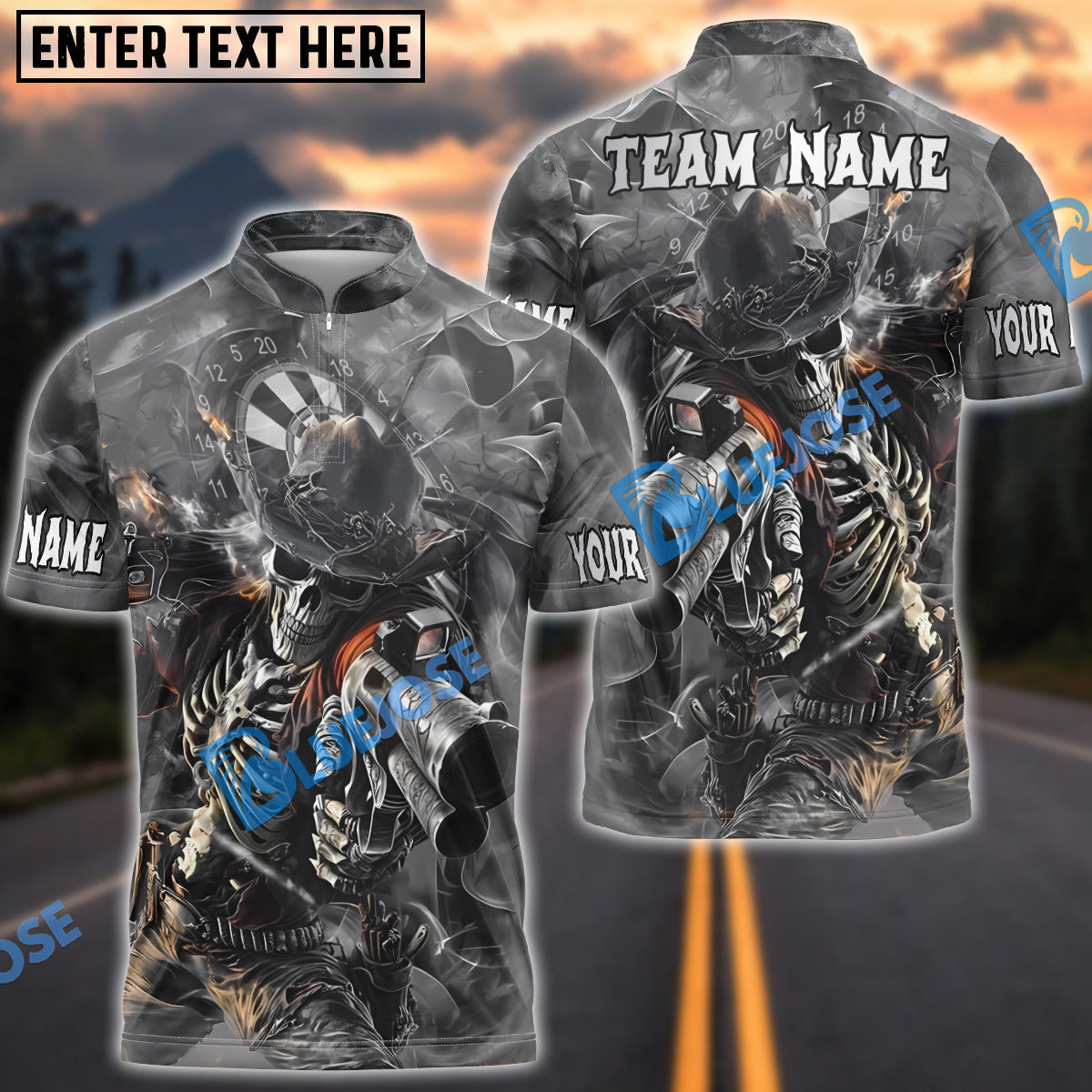 BlueJose Darts Skeleton Gunslinger Customized Name, Team Name 3D Shirt (4 Colors)