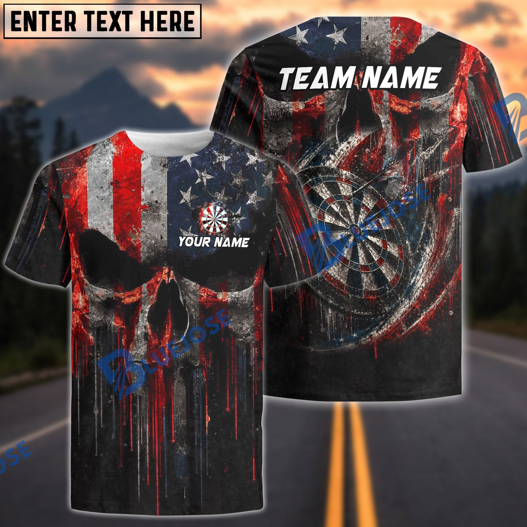 BlueJose Darts Melt Grunge American Flag Punisher Skull Design Personalized Name Shirt