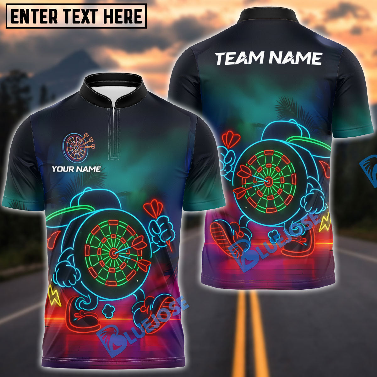 BlueJose Darts Neon Dartboard Mascot Personalized Name, Team Name Shirt (4 Colors)