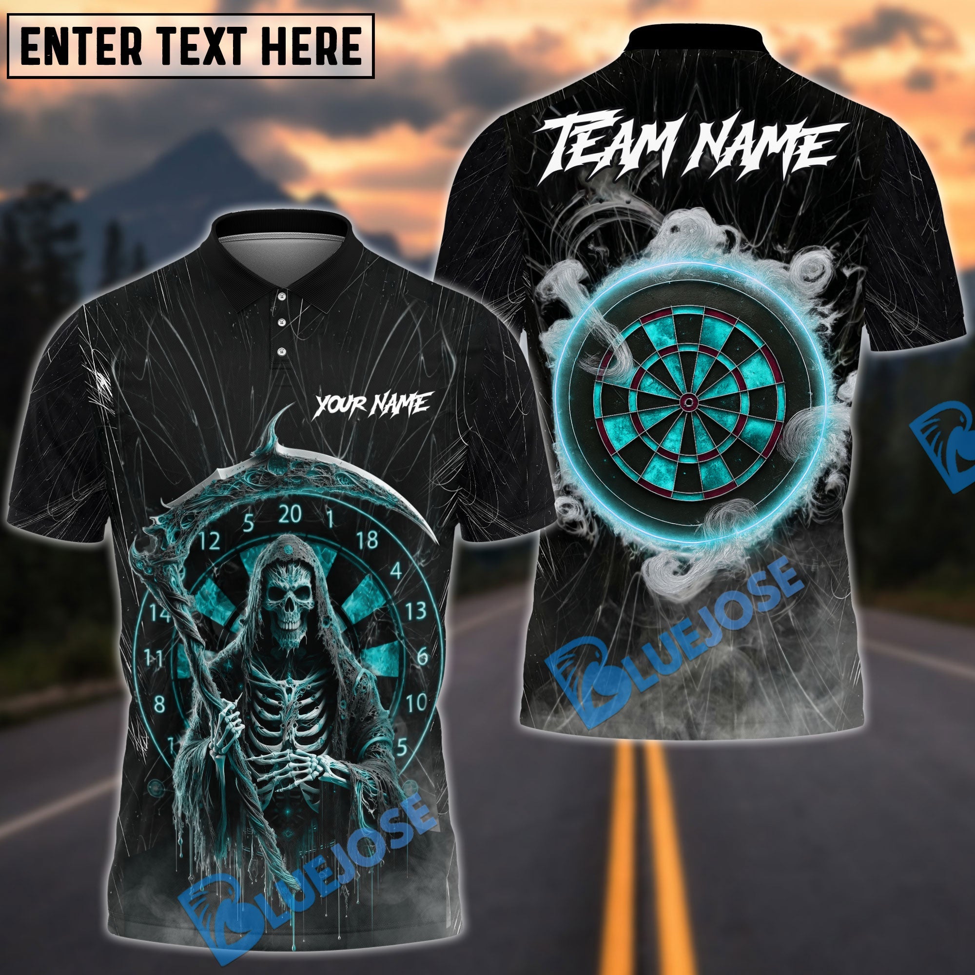 BlueJose Darts Grim Reaper Smoke Personalized Name, Team Name Shirt (4 Colors)
