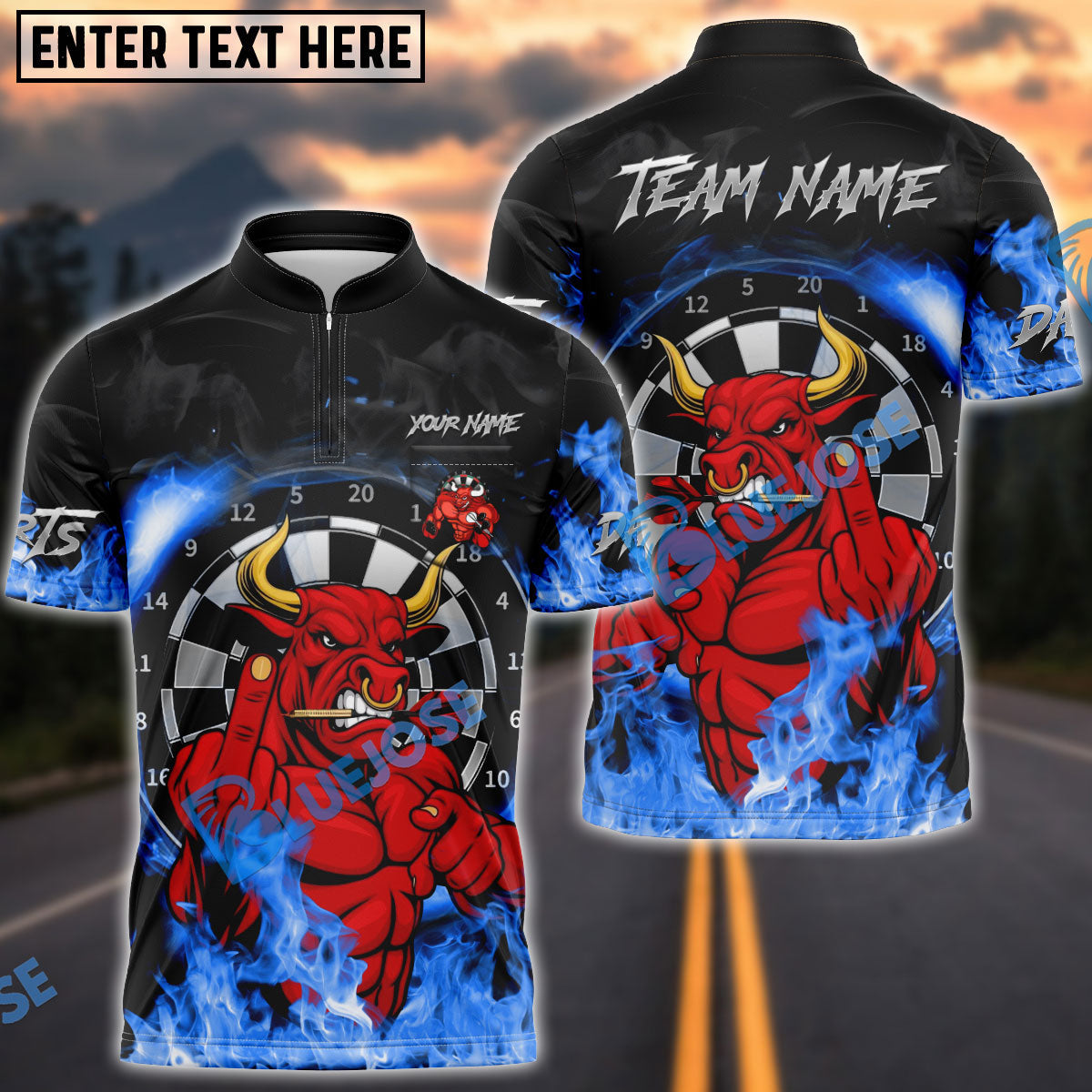 BlueJose Darts Red Bull Fire Personalized Name, Team Name Unisex Shirt (4 Colors)