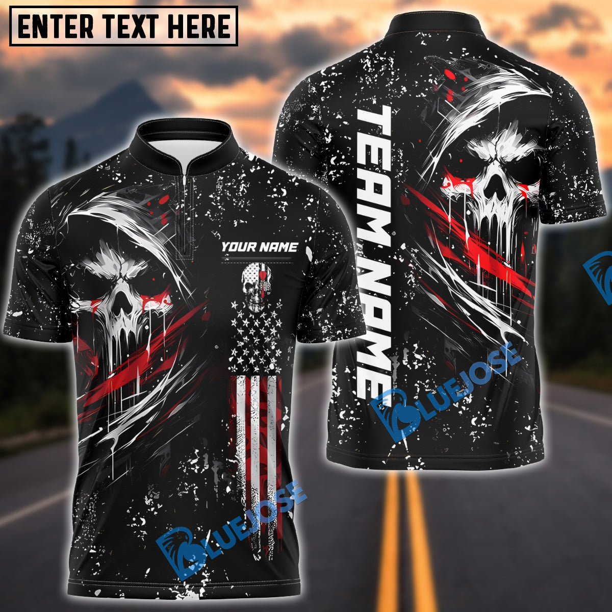 BlueJose Darts Grim Skull with American Flag Personalized Name Shirt