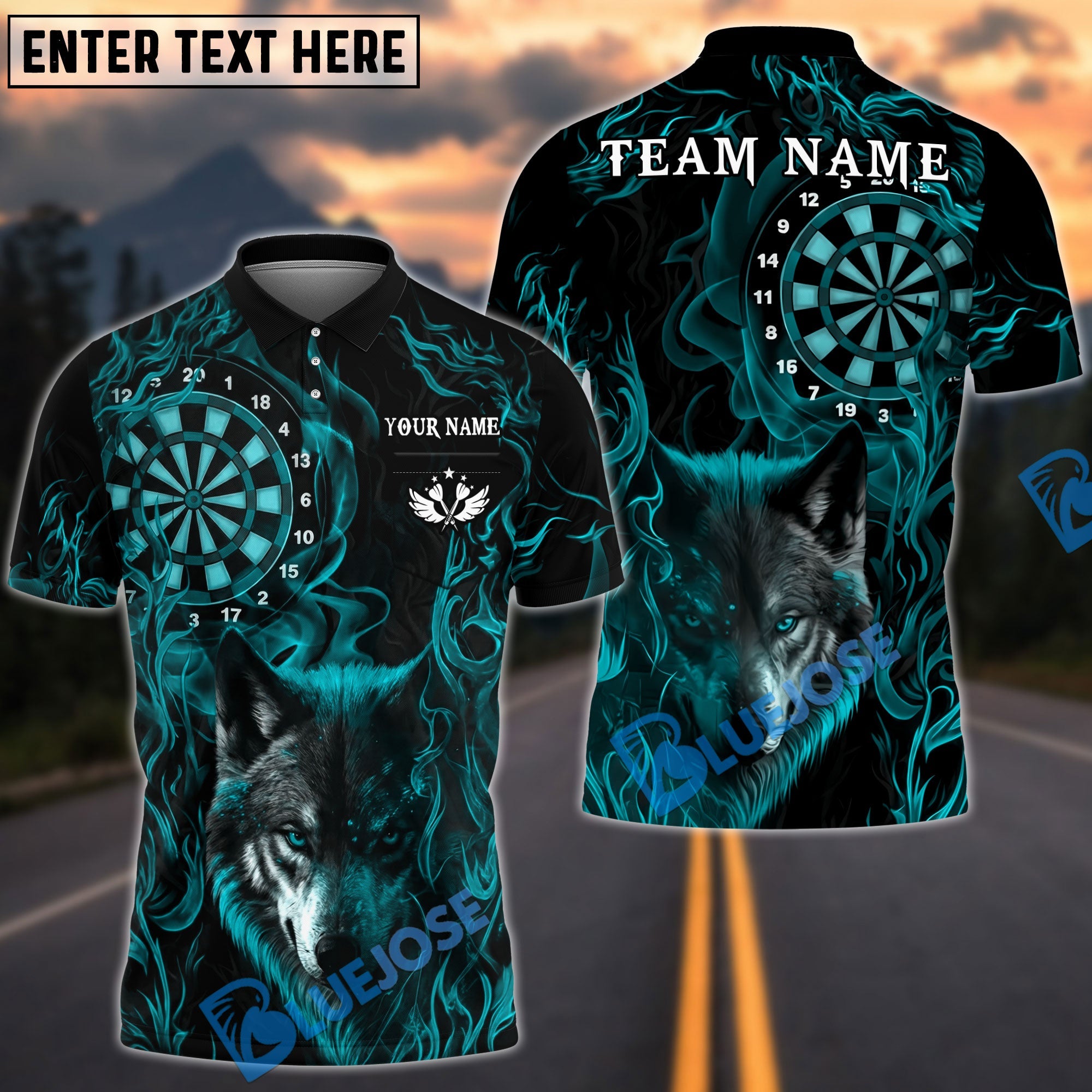BlueJose Darts Wolf Flame Smoke Customized Name, Team Name 3D Shirt (4 Colors)