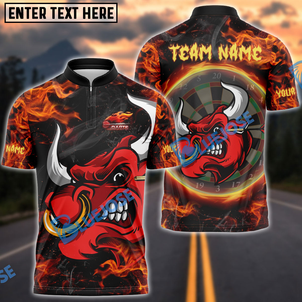 BlueJose Darts Fire Bull Customized Name, Team Name 3D Shirt (4 Colors)