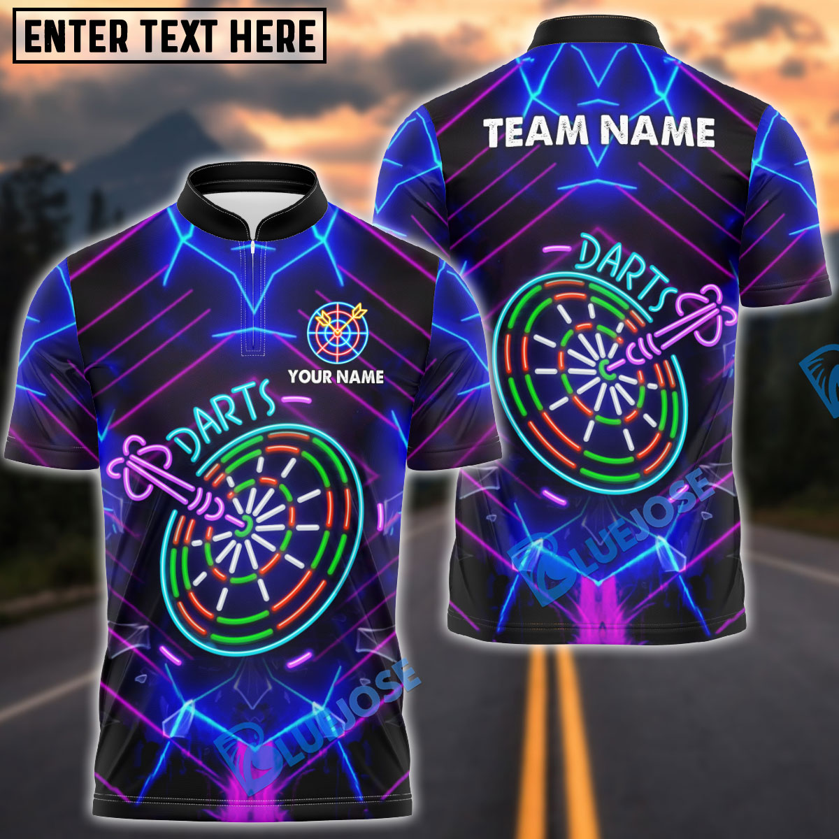 BlueJose Darts Neon Glow Personalized Name, Team Name Shirt (4 Colors)