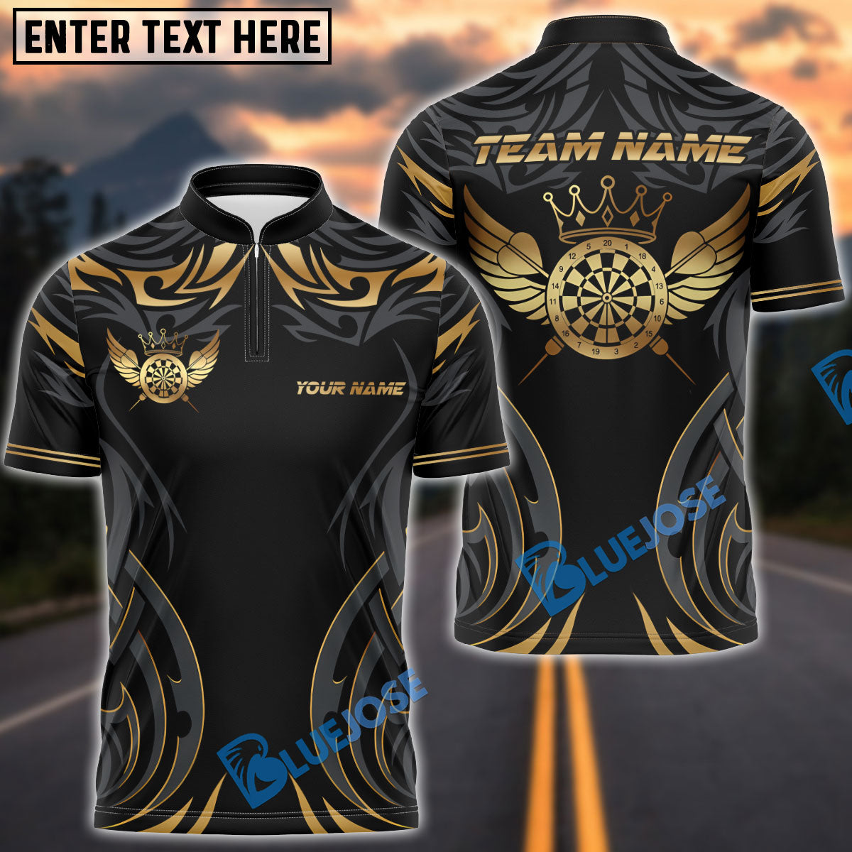 BlueJose Darts Gold Wings Dartboard Crown Style Customized Name, Team Name 3D Shirt (4 Colors)