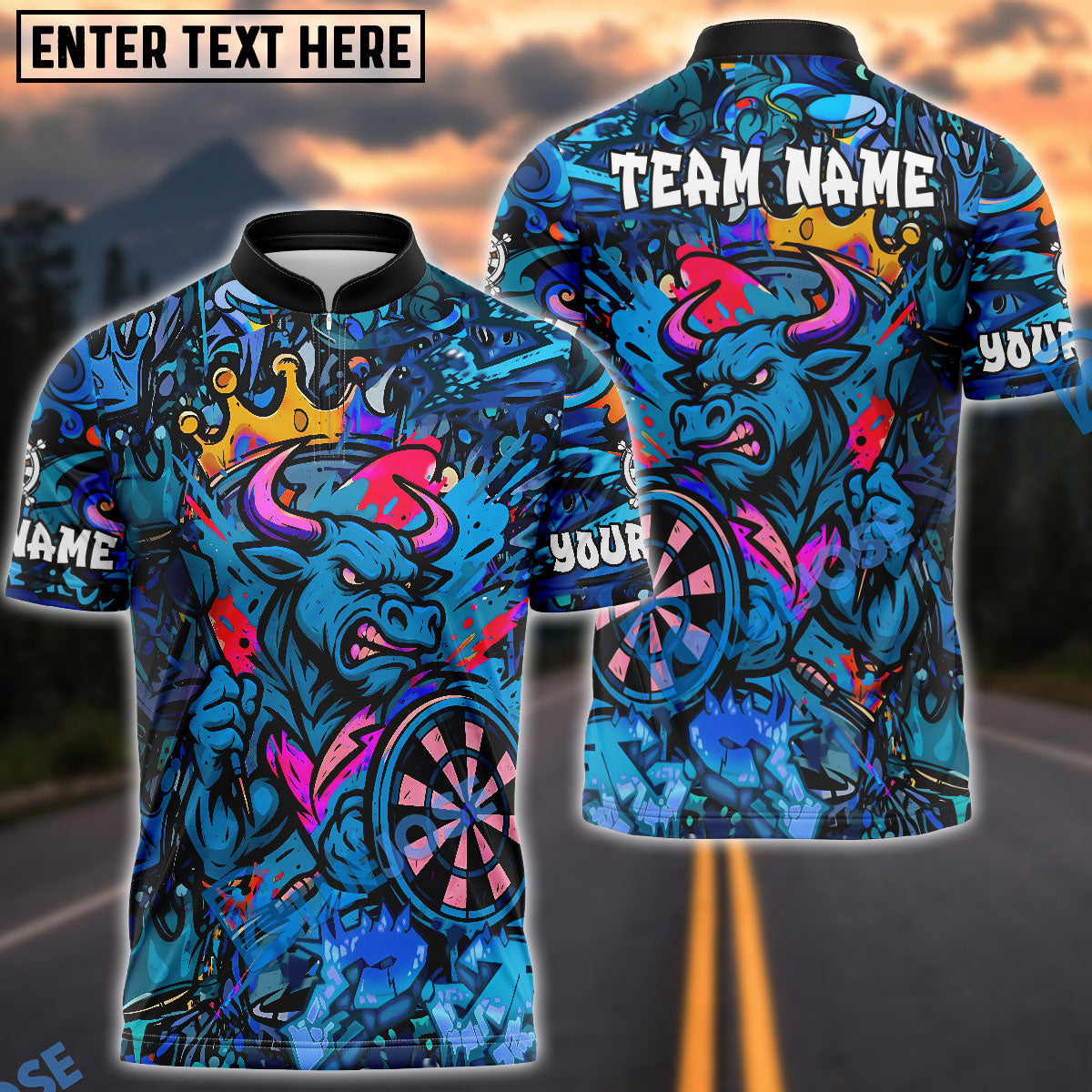 BlueJose Darts Angry Bull Graffiti Crown Customized Name, Team Name 3D Shirt (4 Colors)
