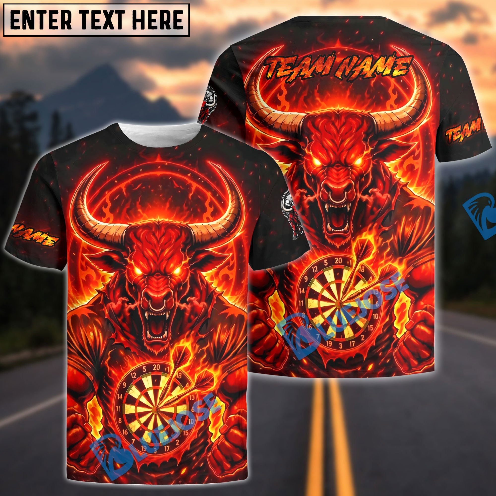 BlueJose Darts Red Bull Demon Personalized Name, Team Name Unisex Shirt (4 Colors)