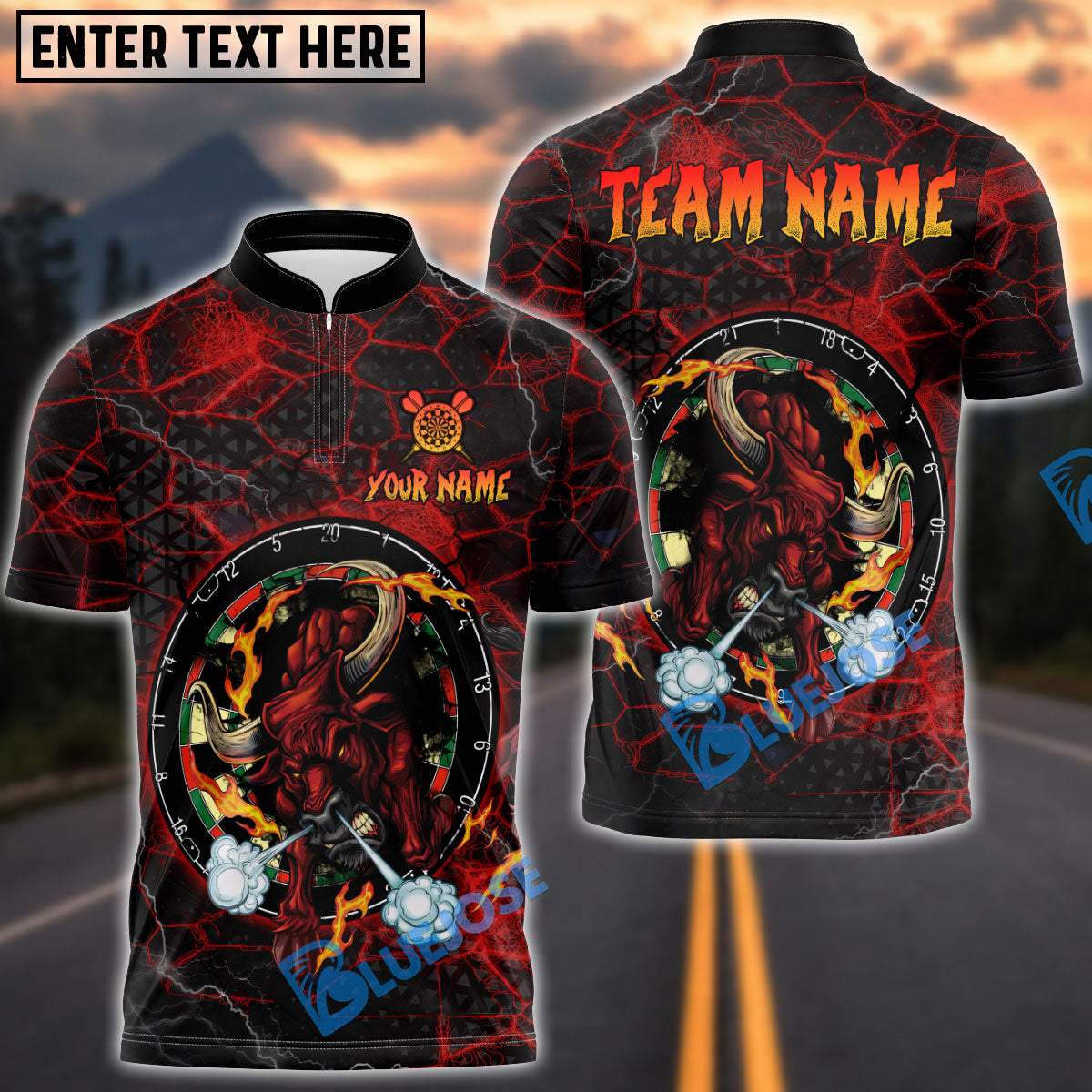 BlueJose Darts Fire Red Bull Personalized Name, Team Name Shirt (4 Colors)