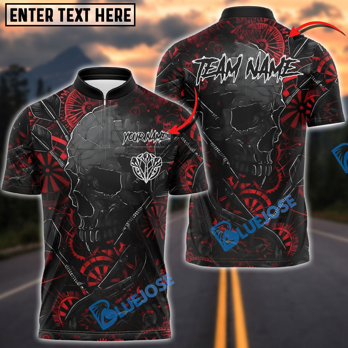 BlueJose Darts Skull Mechanical Gears Customized Name, Team Name 3D Shirt (4 Colors)