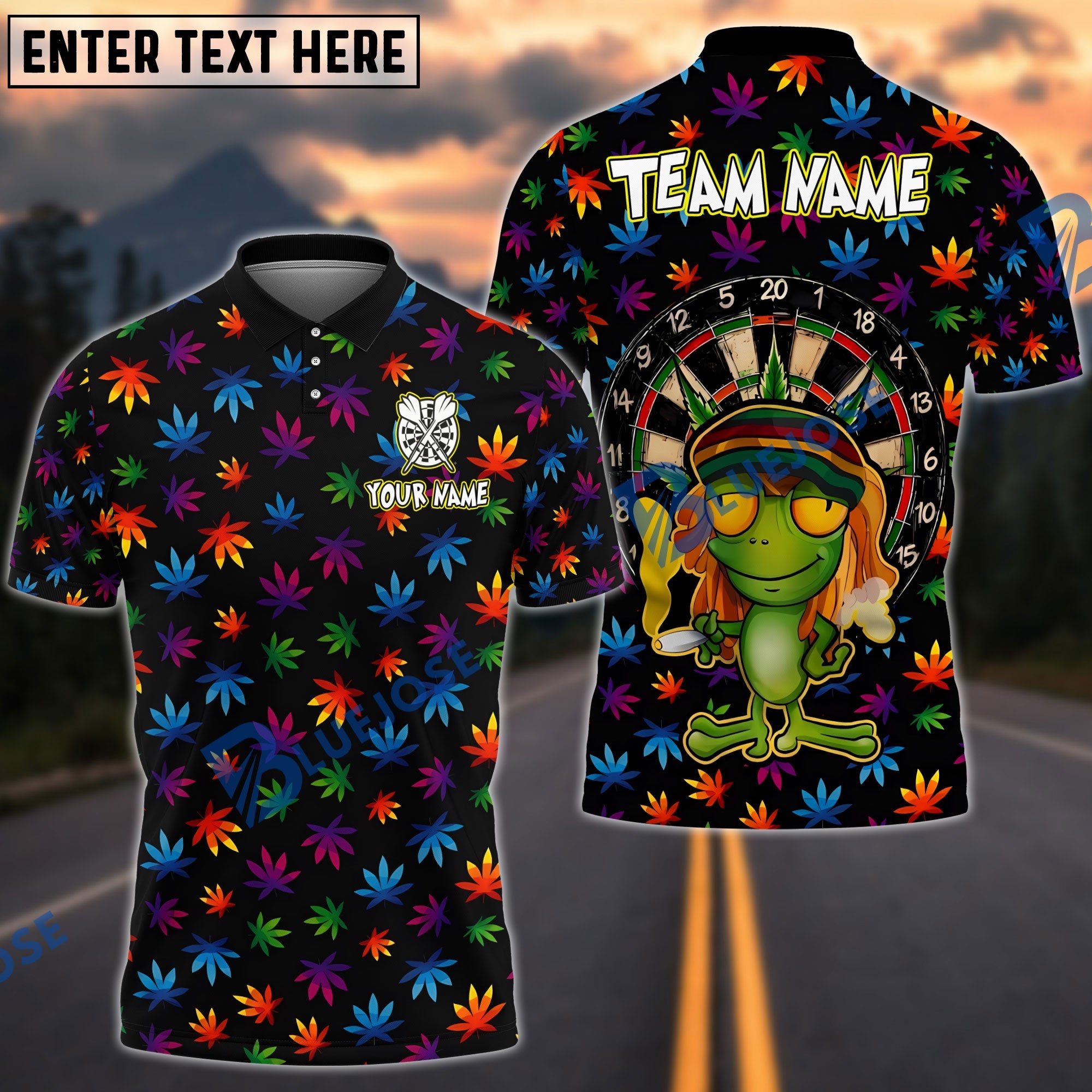 BlueJose Darts Rasta Frog Colorful Leaf Design Personalized Name Shirt