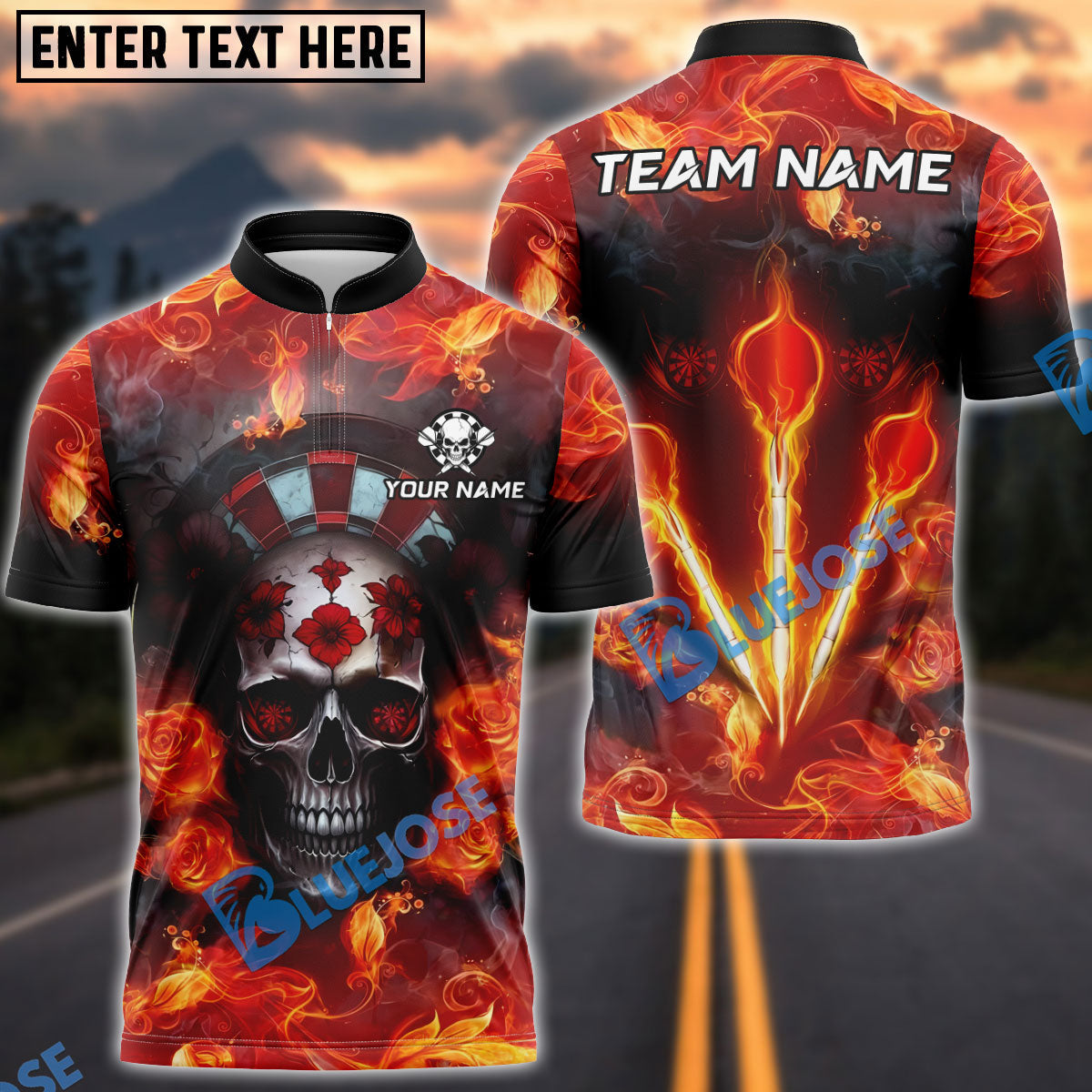 BlueJose Darts Skull Flame Flower Target Customized Name, Team Name 3D Shirt (4 Colors)