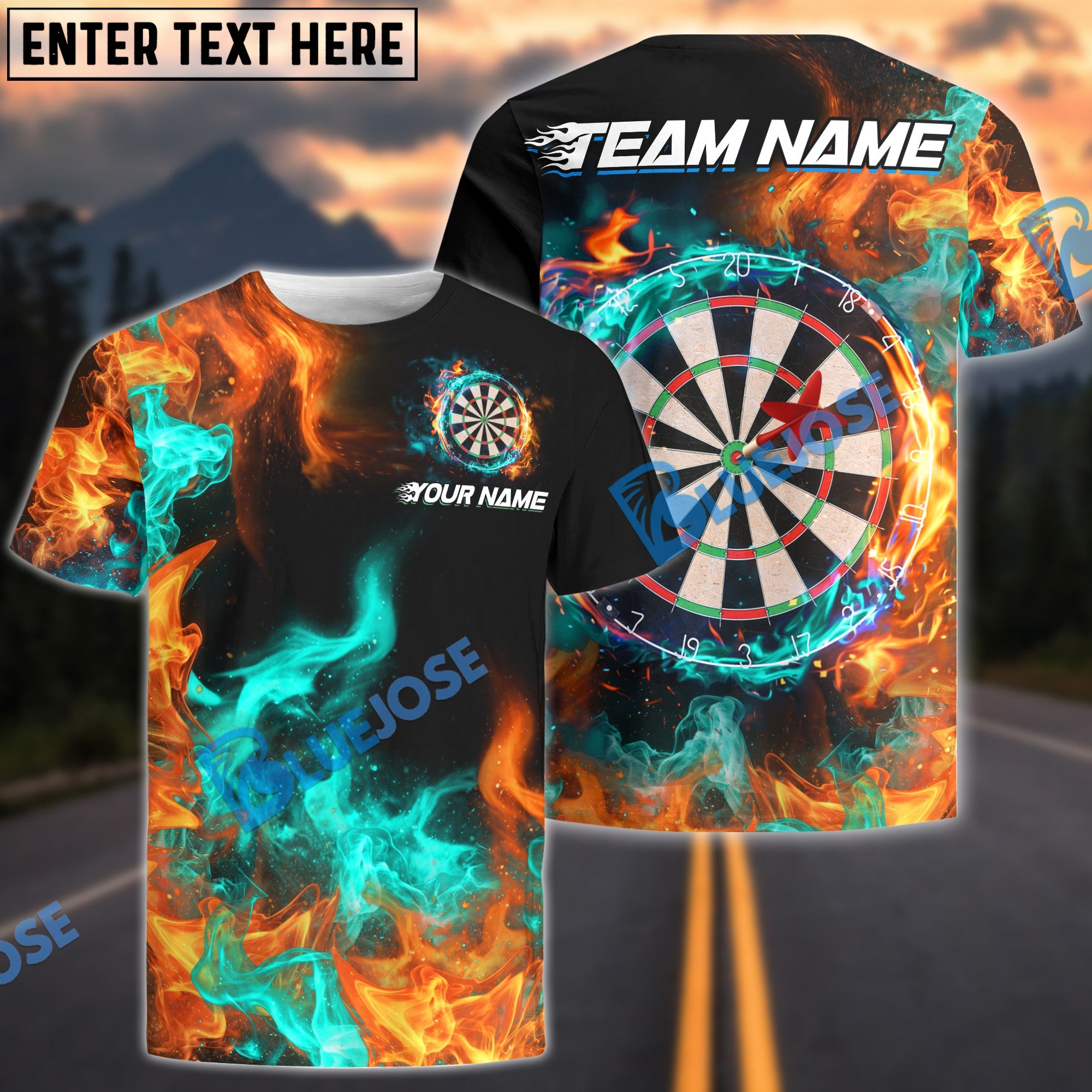 BlueJose Darts Double Fire Personalized Name, Team Name Shirt (4 colors)