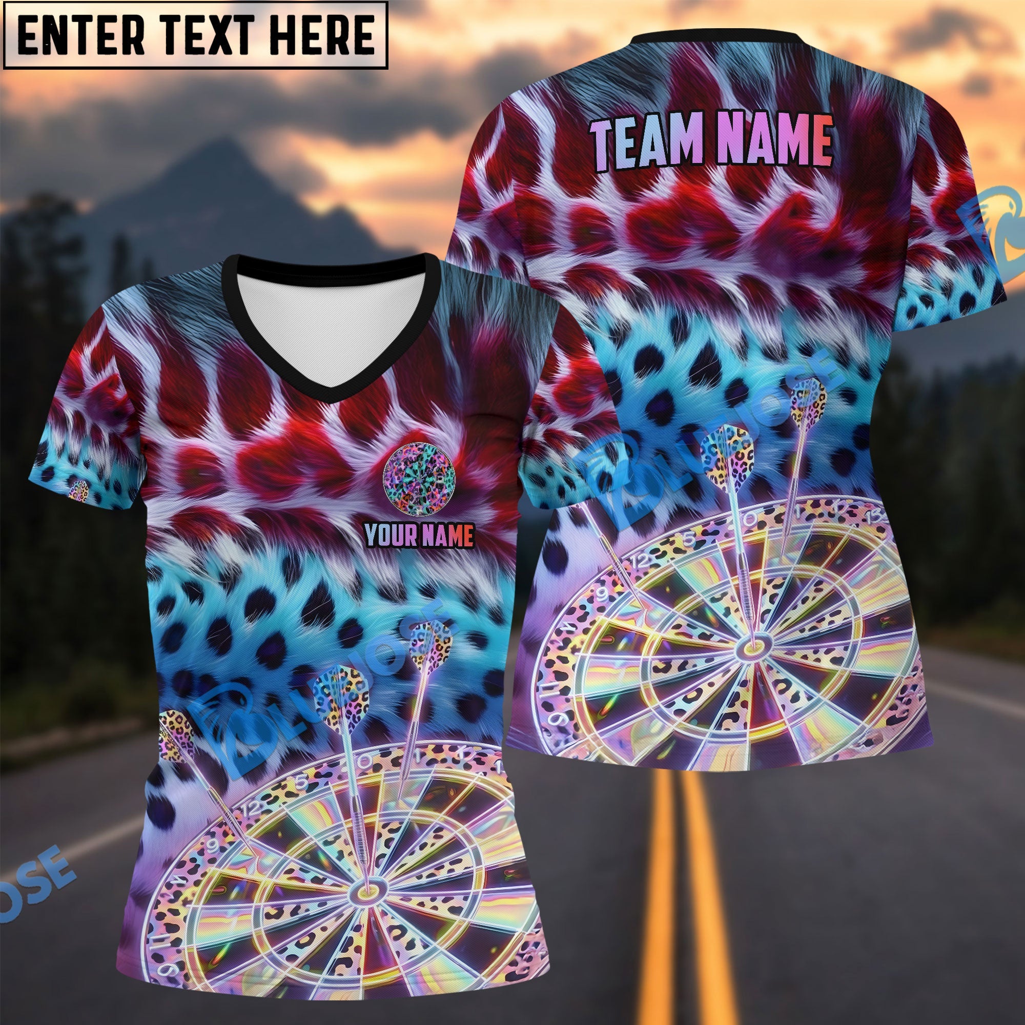 BlueJose Darts Leopard Fur Pattern Dartboard Art Multicolor Options Personalized Name Shirt (4 Colors)