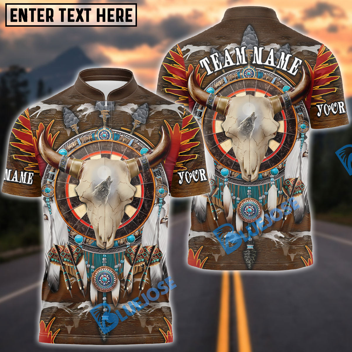 BlueJose Darts Native American Skull Personalized Name, Team Name Shirt