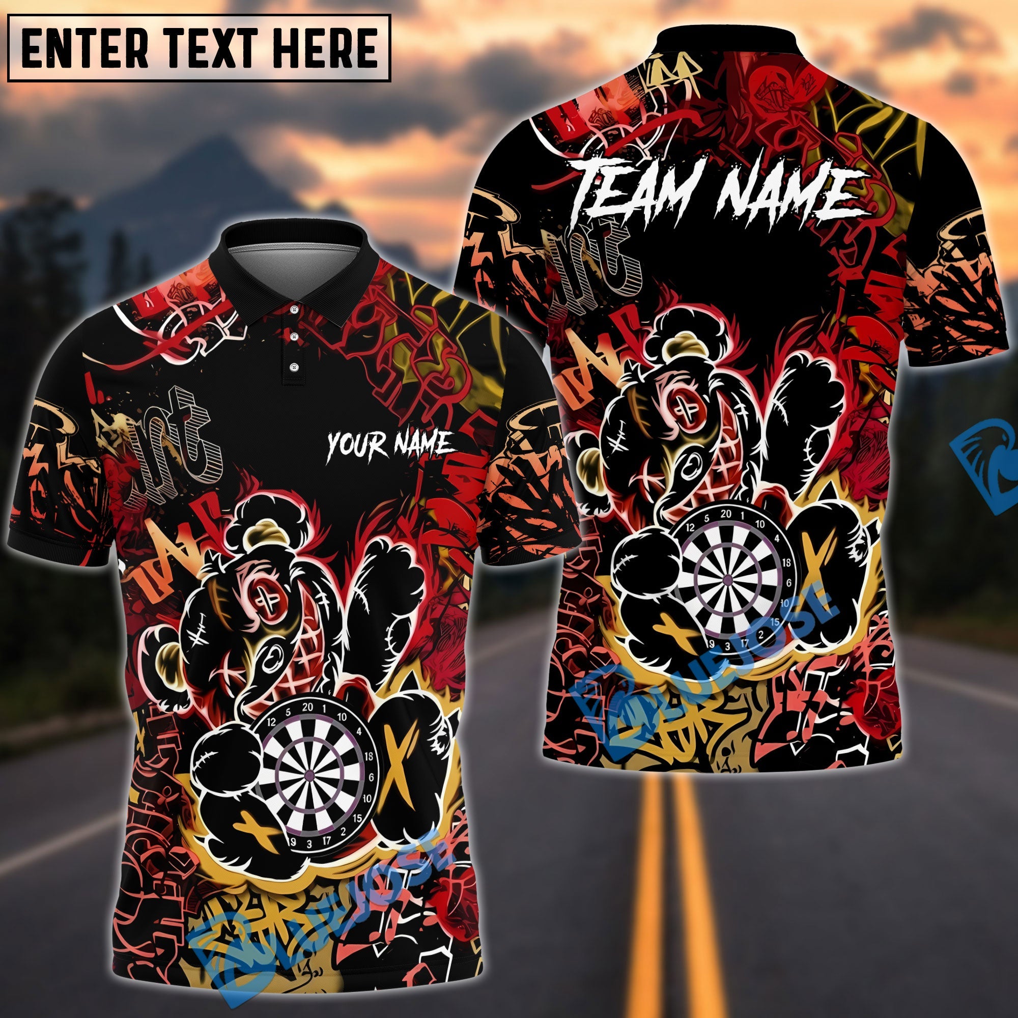 BlueJose Darts Graffiti Bear Dartboard Neon Splash Multicolor Options Personalized Name Shirt (4 Colors)