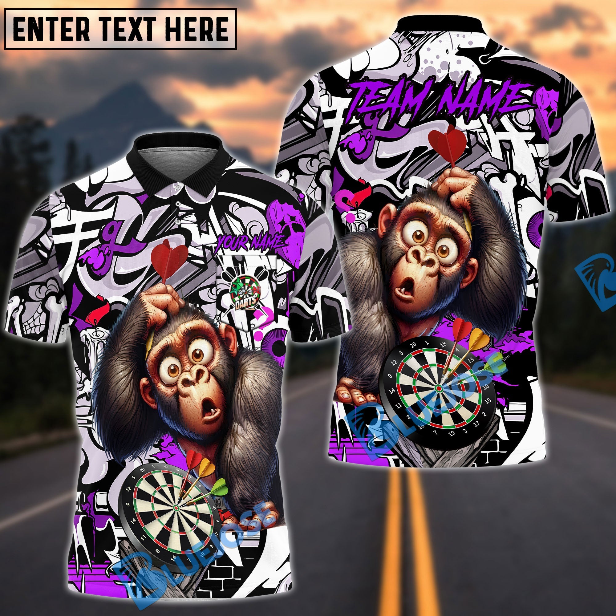 BlueJose Darts Monkey Graffiti Personalized Name, Team Name Unisex Shirt (4 Colors)