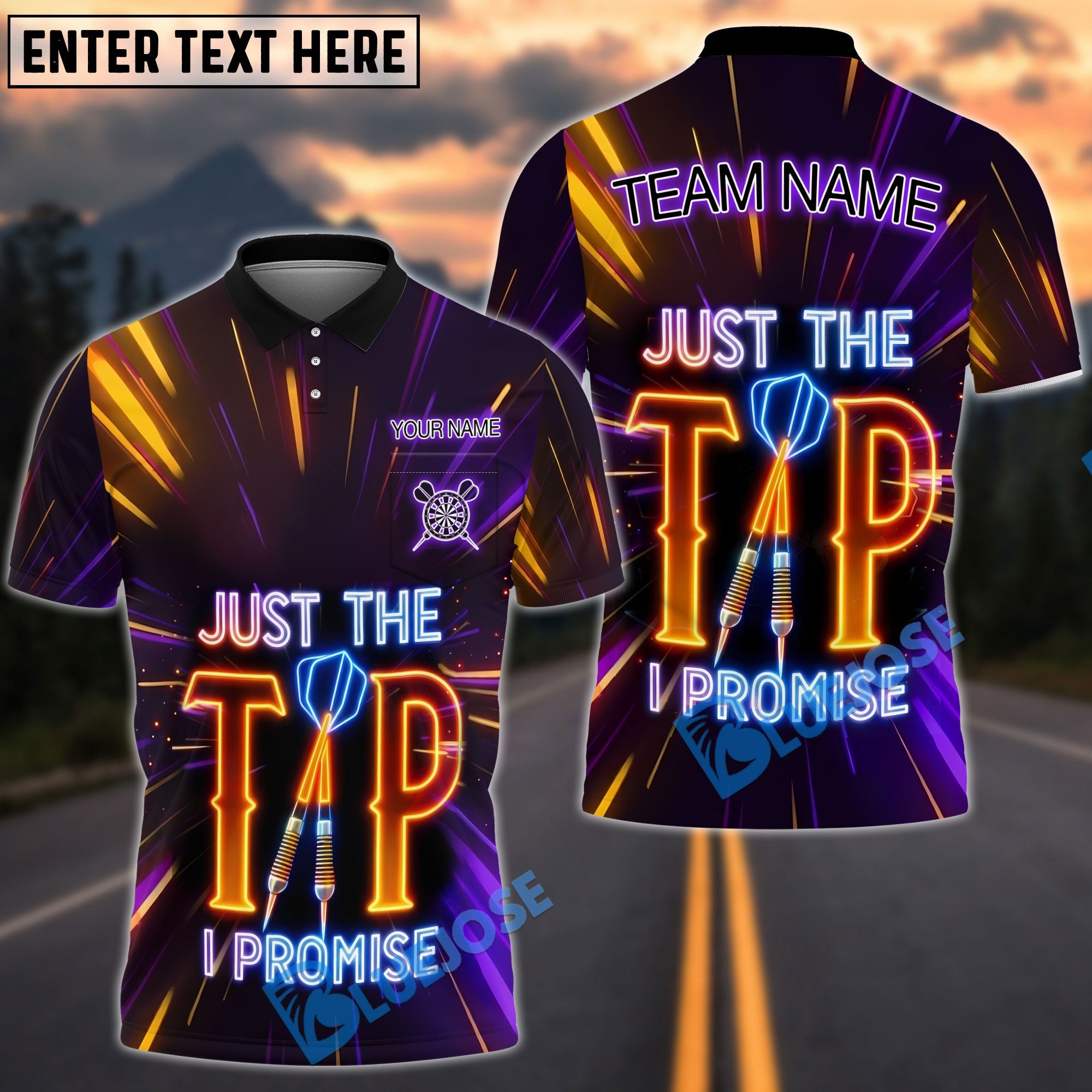 BlueJose Darts Neon Quote Just The Tip I Promise Funny Dart Player Personalized Name Shirt