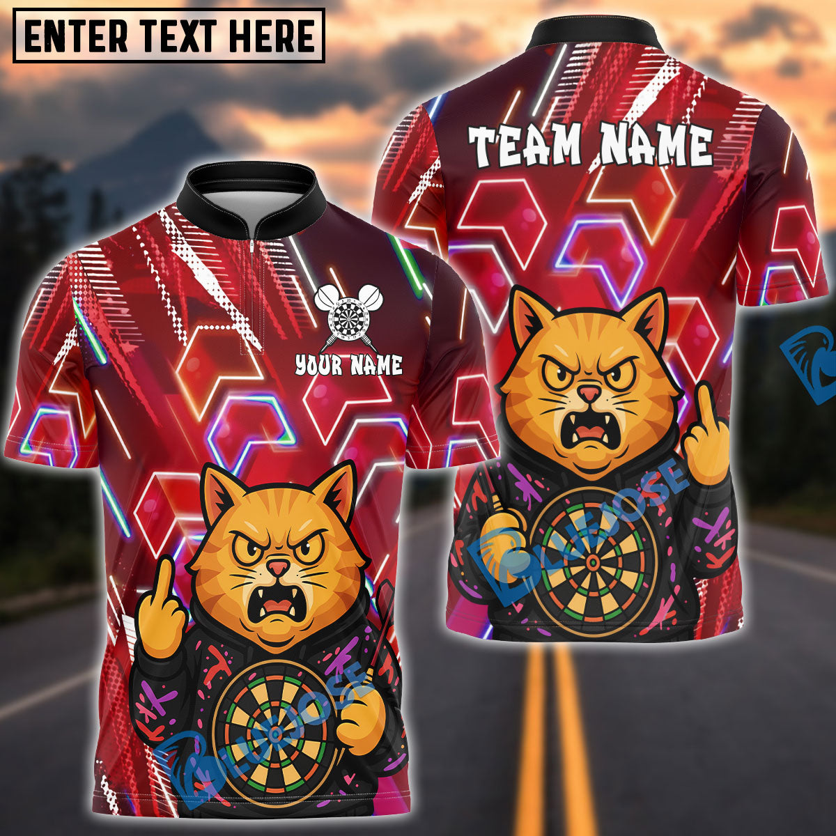 BlueJose Darts Cat Neon Angry Cat Customized Name, Team Name 3D Shirt (4 Colors)