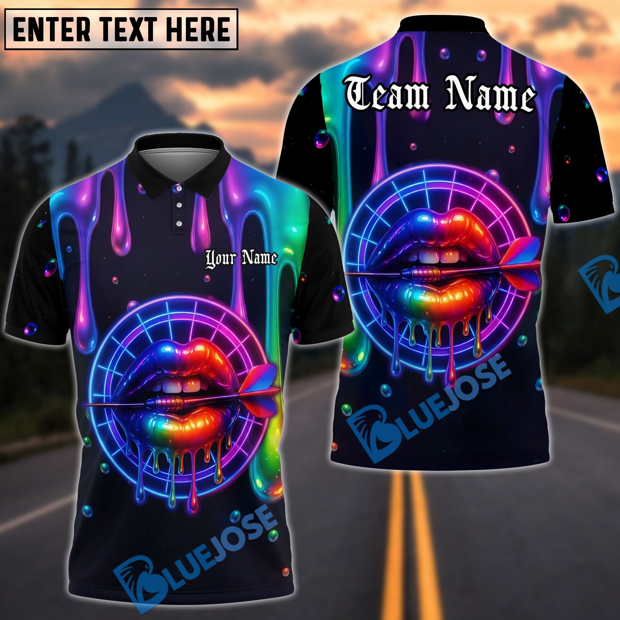 BlueJose Darts Neon Lips Dripping Dartboard Glow Personalized Name, Team Name Unisex Shirt (4 Colors)