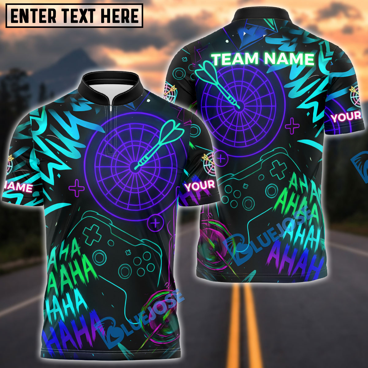 BlueJose Darts Neon Gamer Style Customized Name, Team Name 3D Shirt (4 Colors)