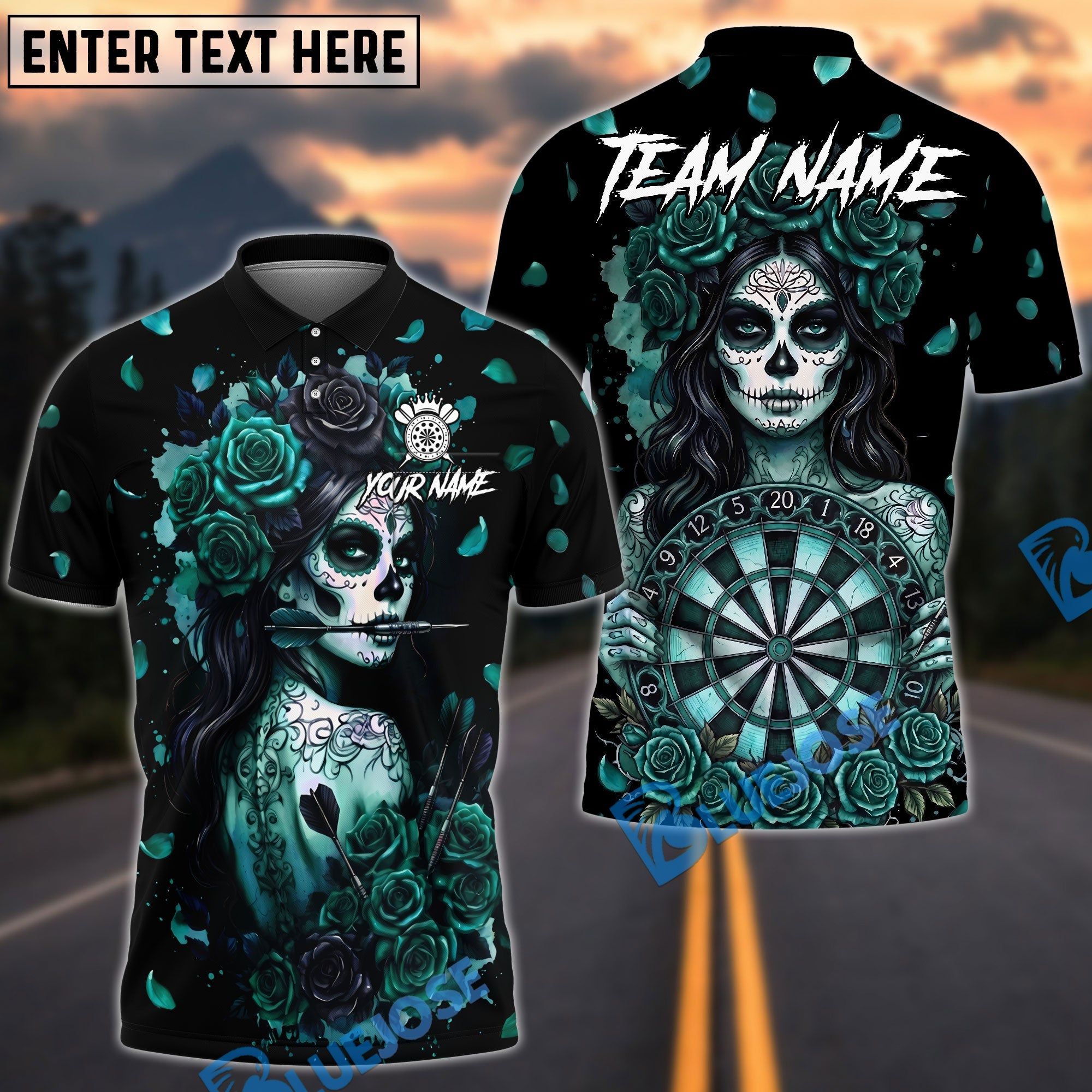 BlueJose Darts Sugar Skull Rose Gothic Dartboard Art Personalized Name, Team Name Unisex Shirt (4 Colors)