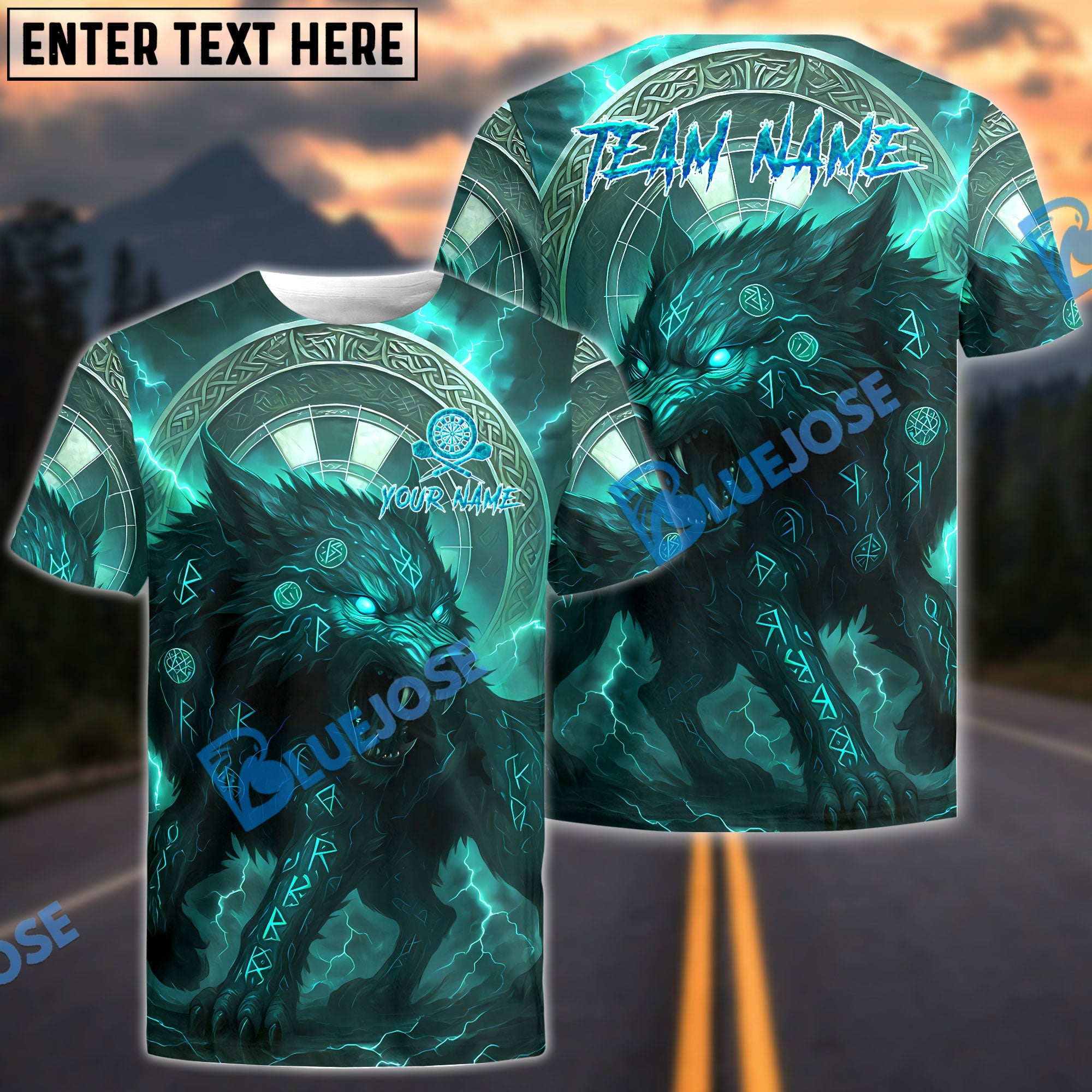 BlueJose Darts Nordic Wolf Runes Thunder Theme Multicolor Options Personalized Name Shirt (4 Colors)