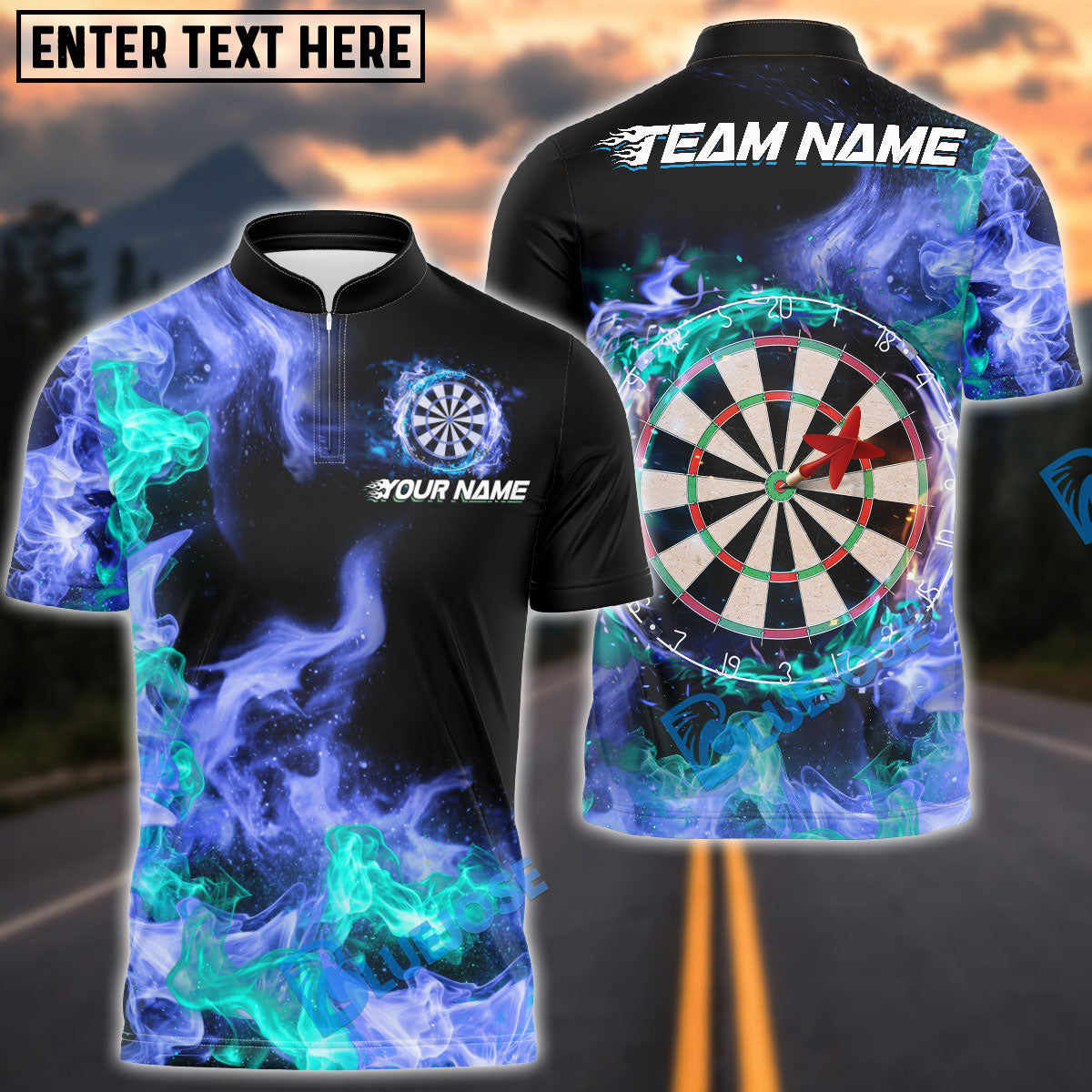 BlueJose Darts Double Fire Personalized Name, Team Name Shirt (4 colors)